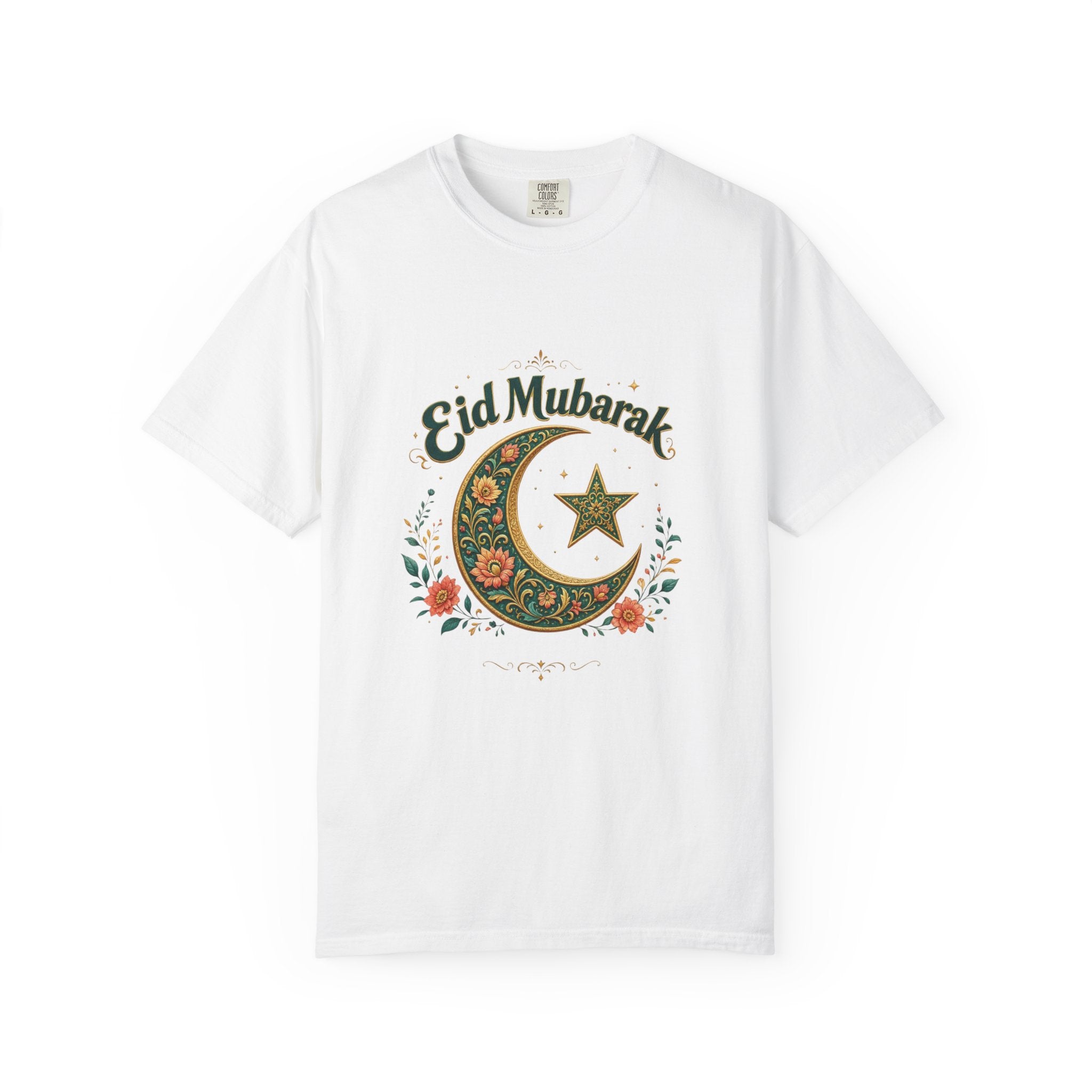 Eid Mubarak Crescent T-Shirt — Floral Moon & Star Ramadan Holiday Tee