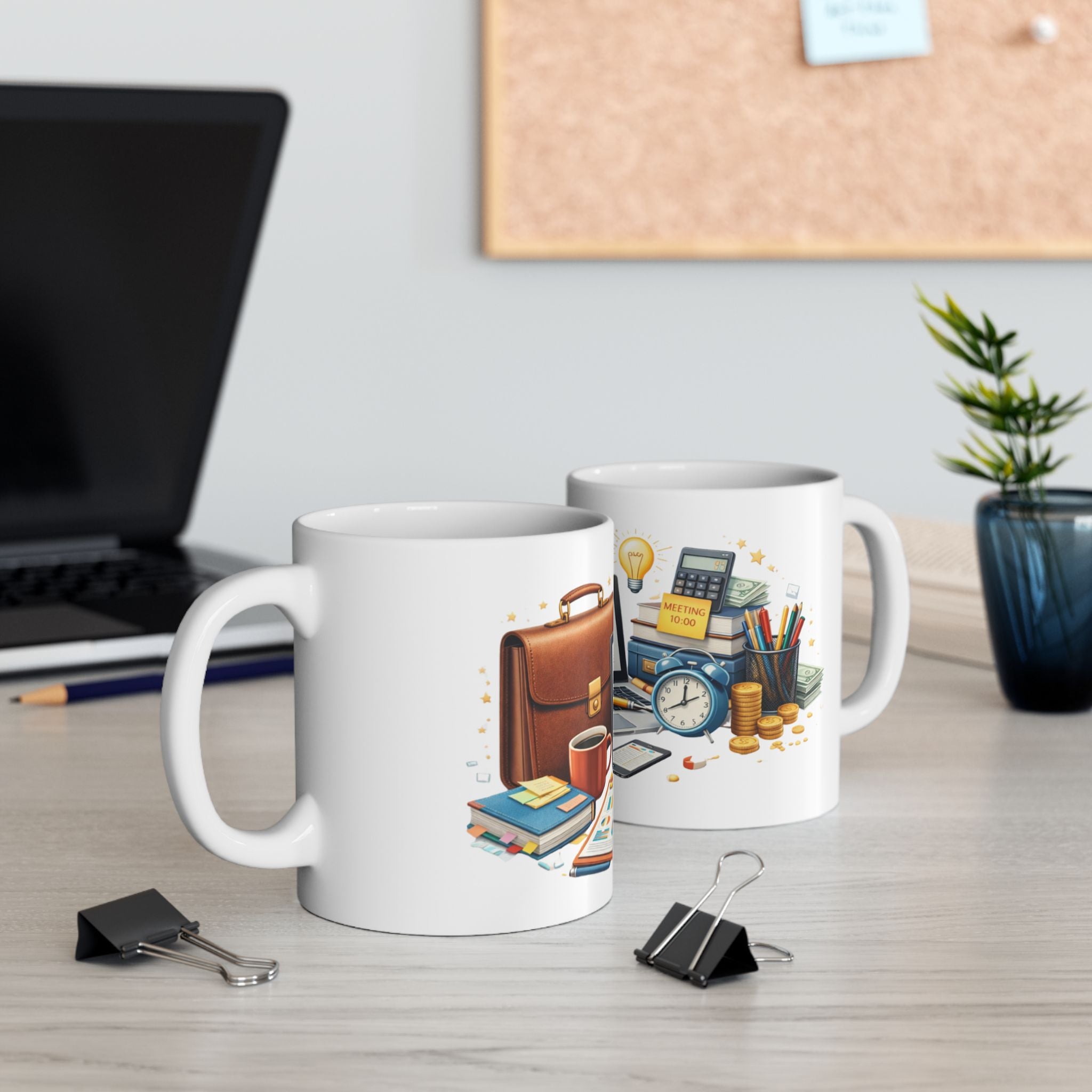 Office Productivity Ceramic Mug — Work Desk Illustration Coffee Cup (11oz/15oz)