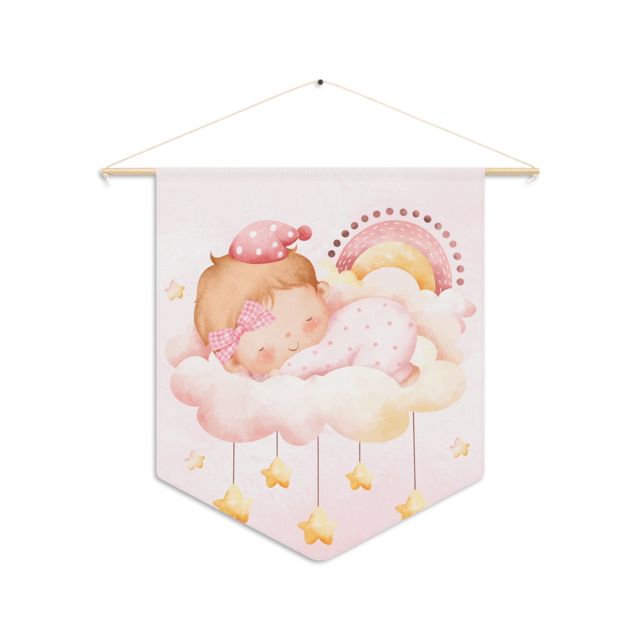 Baby Nursery Pennant Banner — Sleeping Baby on Cloud, Pink Rainbow Wall Decor for Baby Shower & Newborn