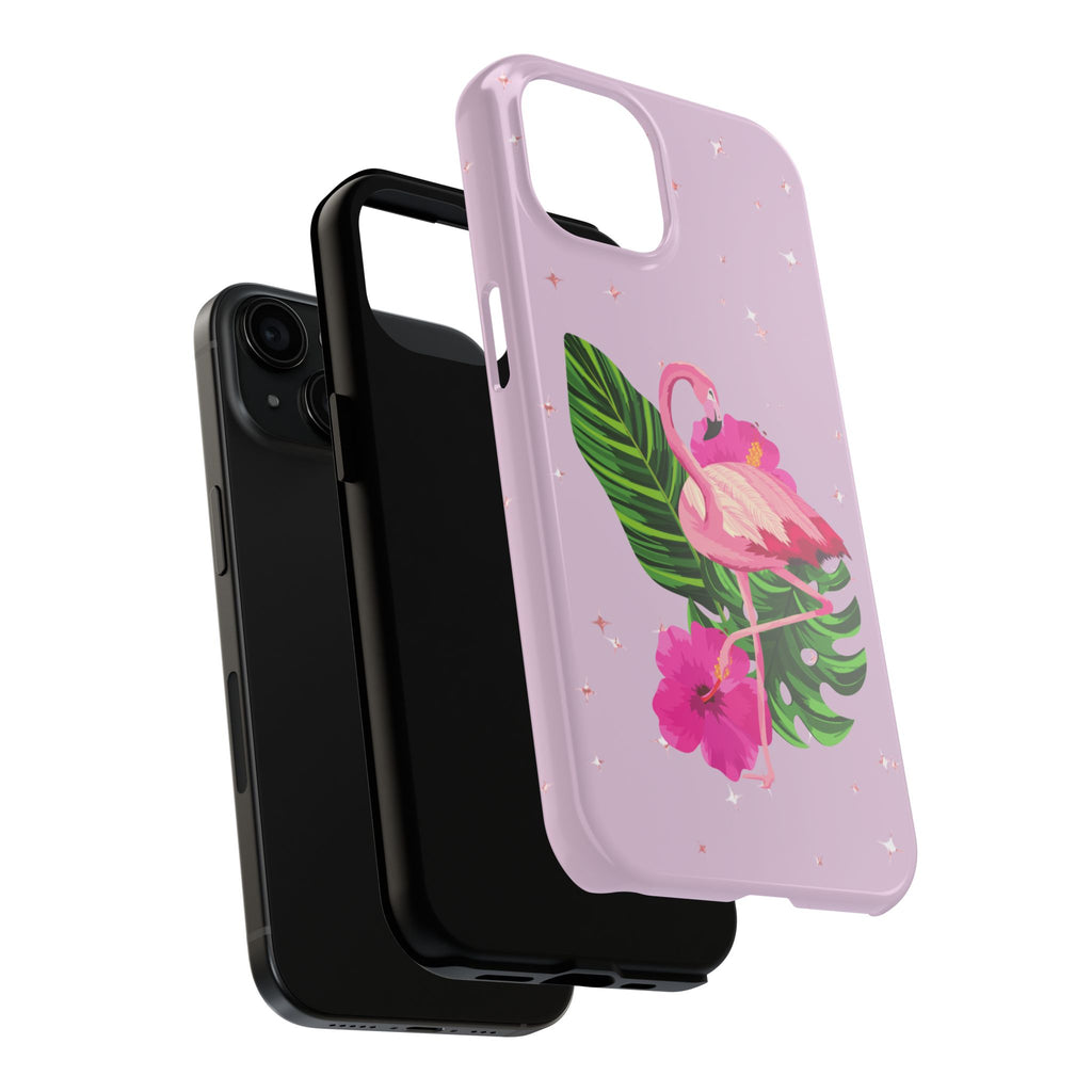 Flamingo Tropical Tough Phone Case — Pink Hibiscus & Palm Leaves