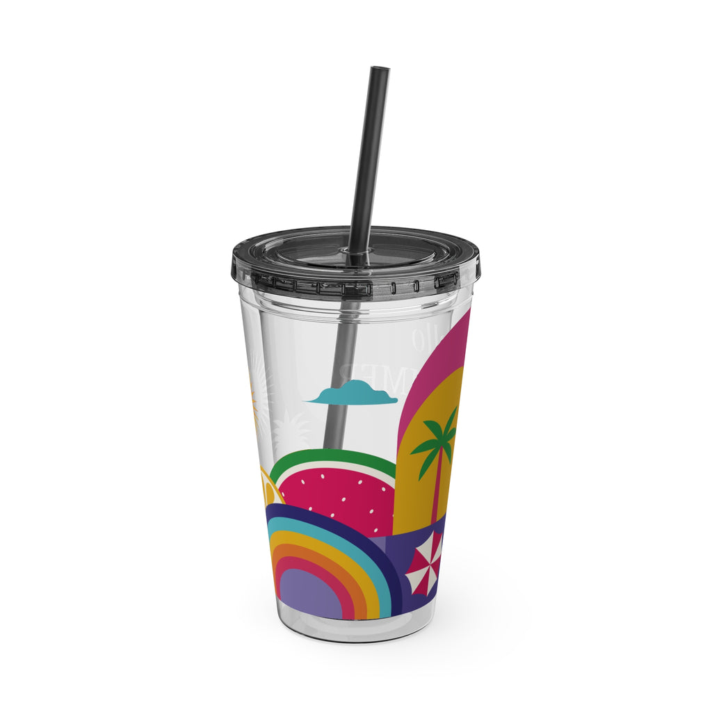 16oz Sunsplash Tumbler with Straw — "Hello Summer" Colorful Beach Vibes
