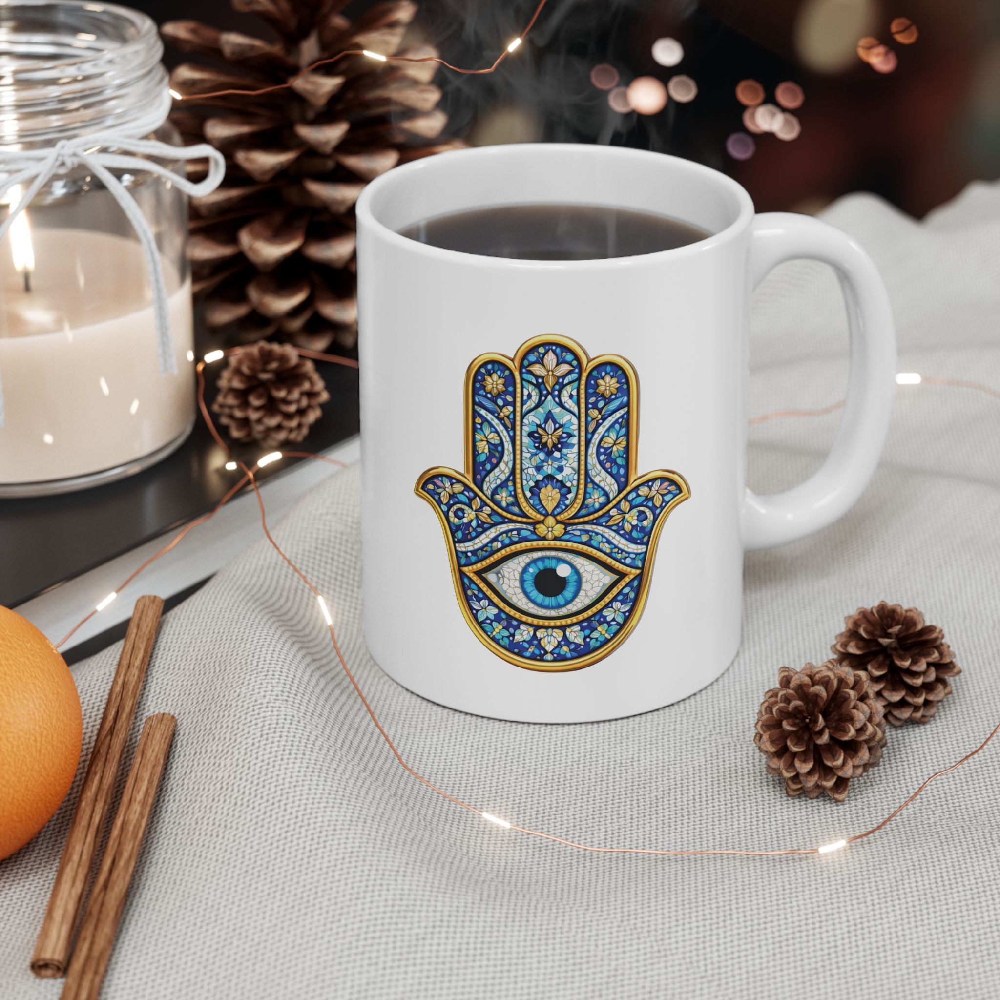 Hamsa Art Ceramic Mug — Blue Gold Protective Hand Design (11oz, 15oz)