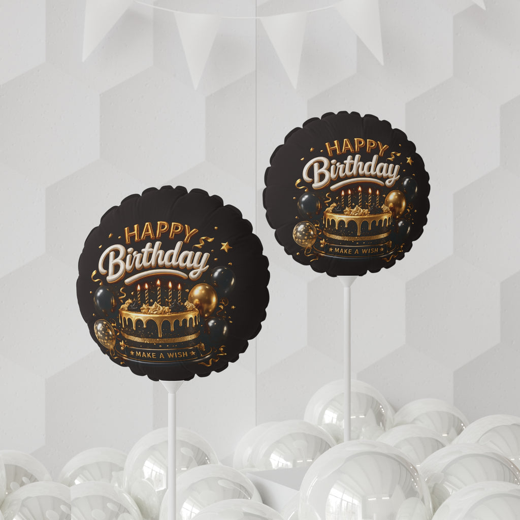 Happy Birthday 11" Foil Balloon — Black & Gold Cake Design