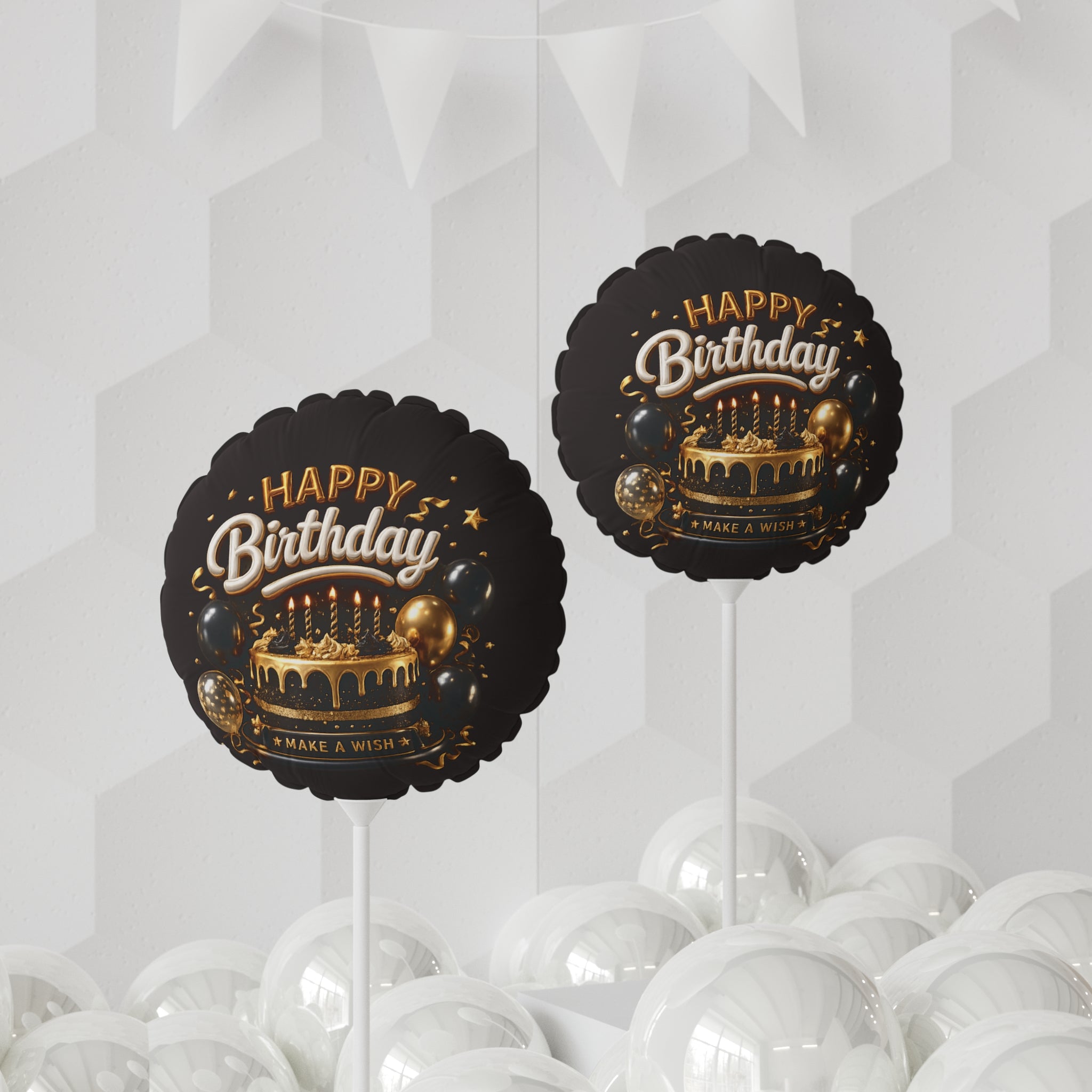 Happy Birthday 11" Foil Balloon — Black & Gold Cake Design