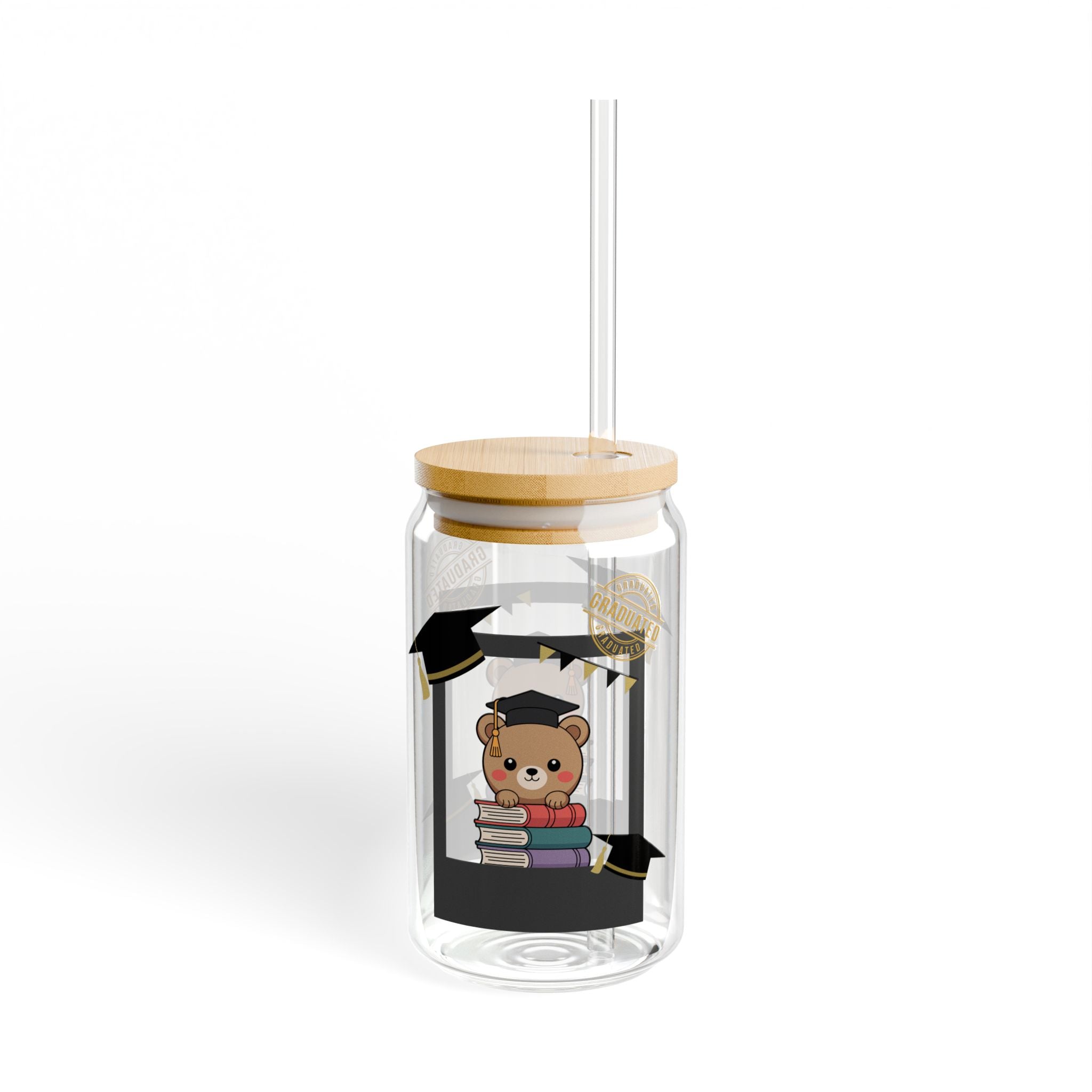 Graduation Bear 16oz Sipper Glass – Cute Grad Cap & Books Celebration Tumbler