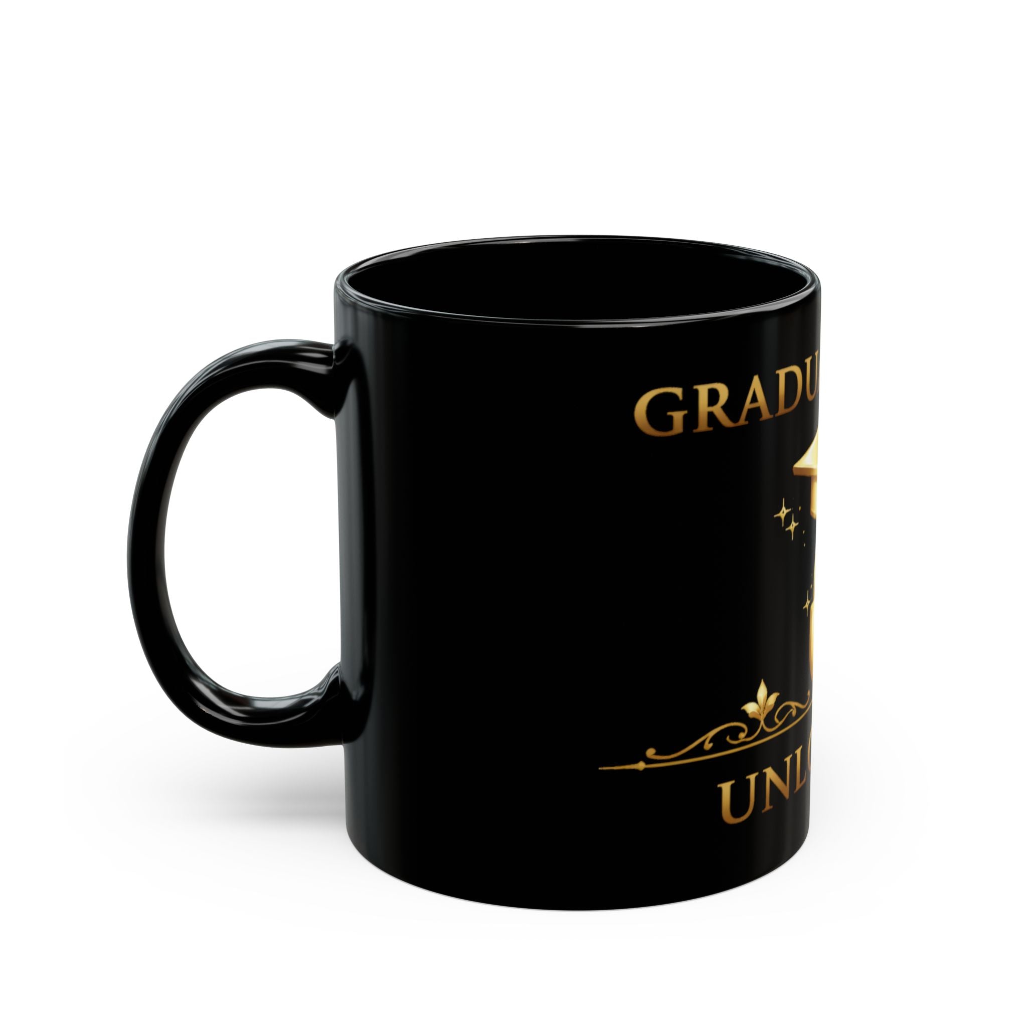 Graduation Level Unlocked Mug — Black Ceramic 11oz/15oz (Gold Cap & Lock Design)