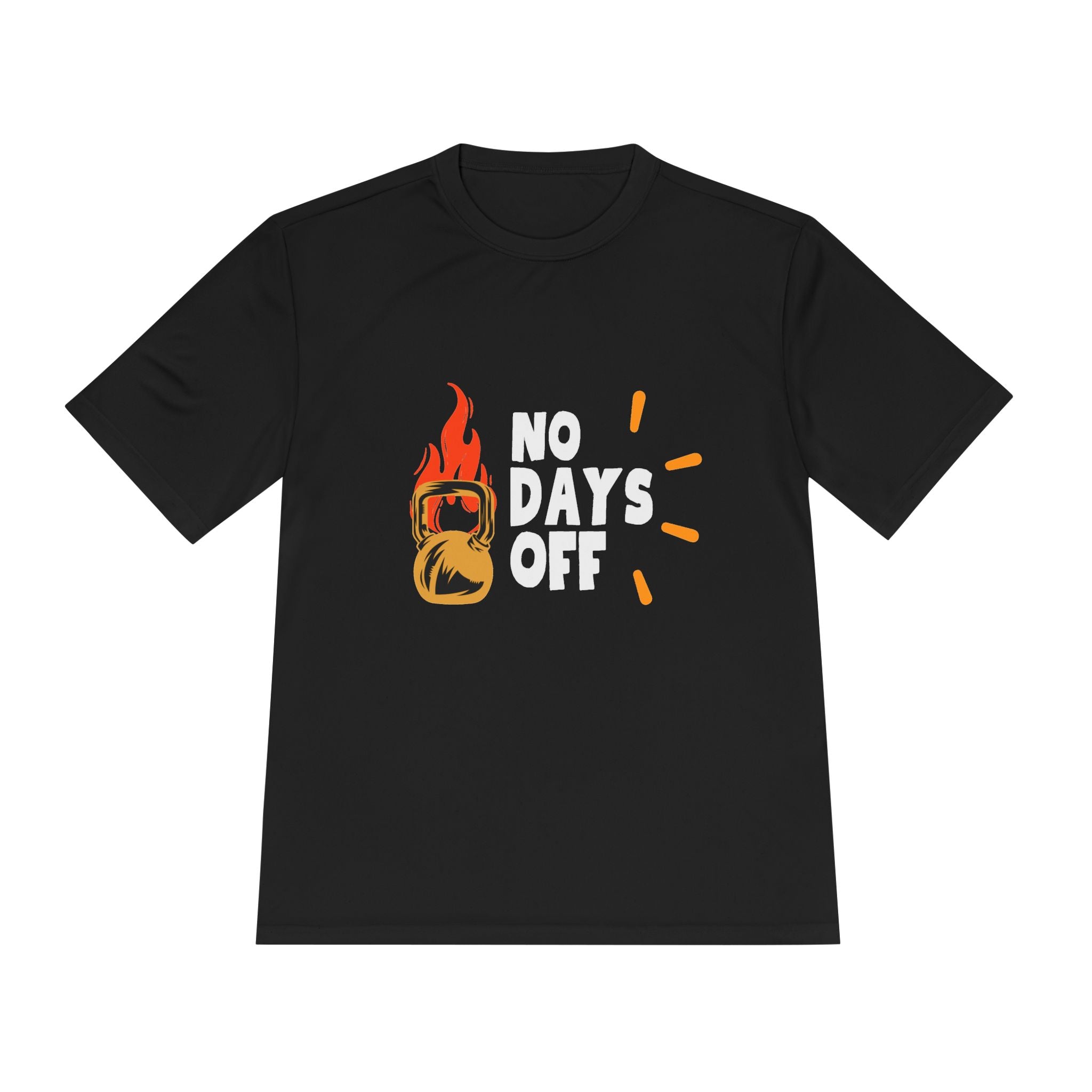 No Days Off Flame Kettlebell Tee — Motivational Gym Workout Shirt