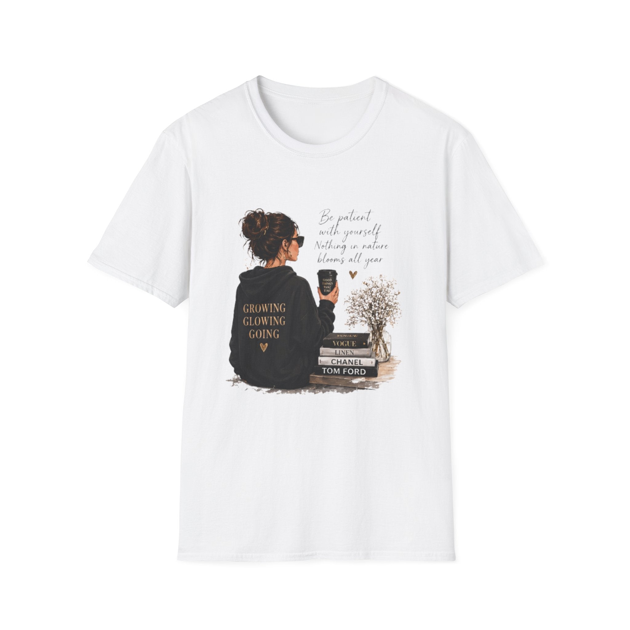 Cozy Reading Girl T-Shirt — "Growing, Glowing, Going" Literary Graphic Tee