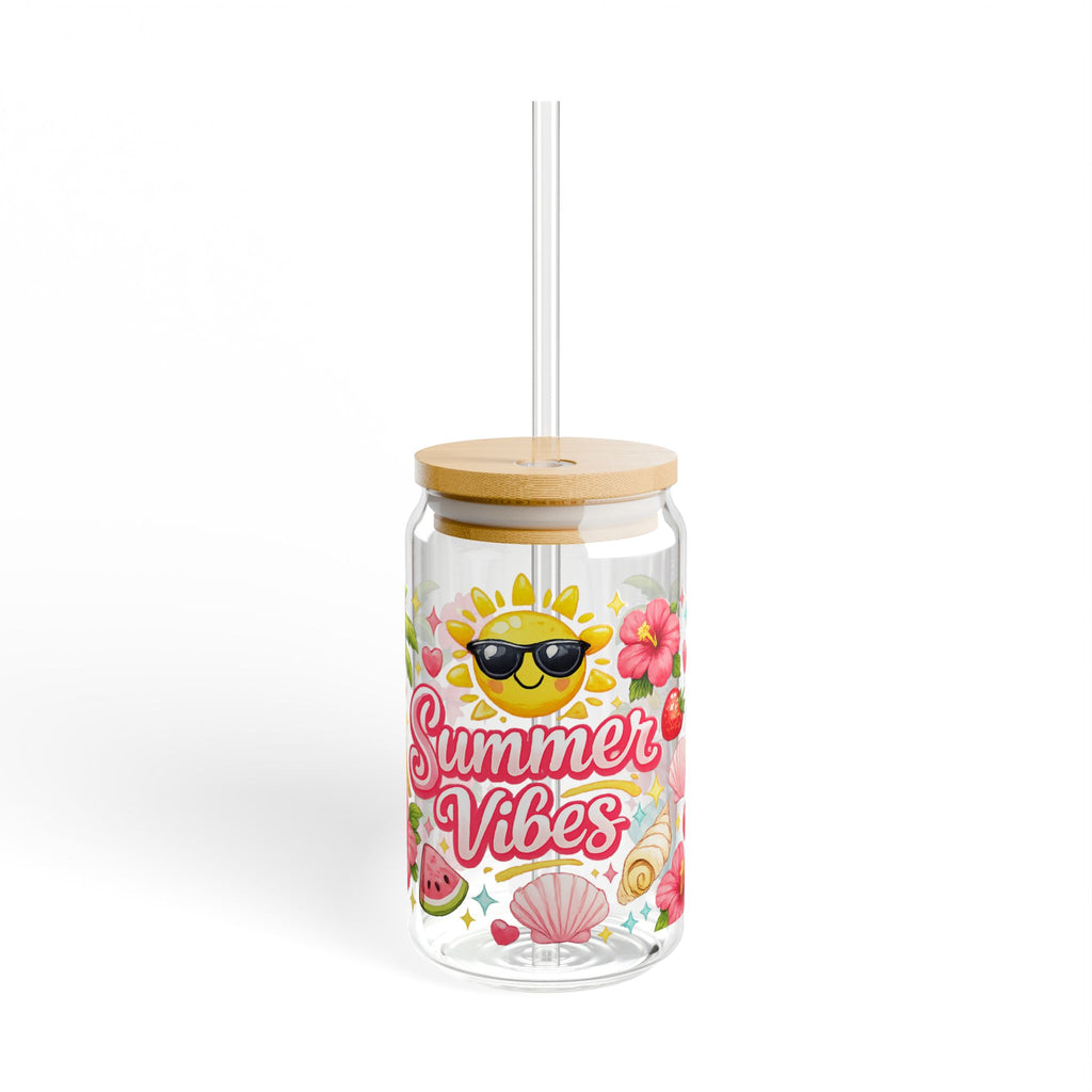 Summer Vibes Glass Tumbler with Bamboo Lid & Glass Straw | Cute Tropical Iced Coffee Cup | Beach Lover Gift