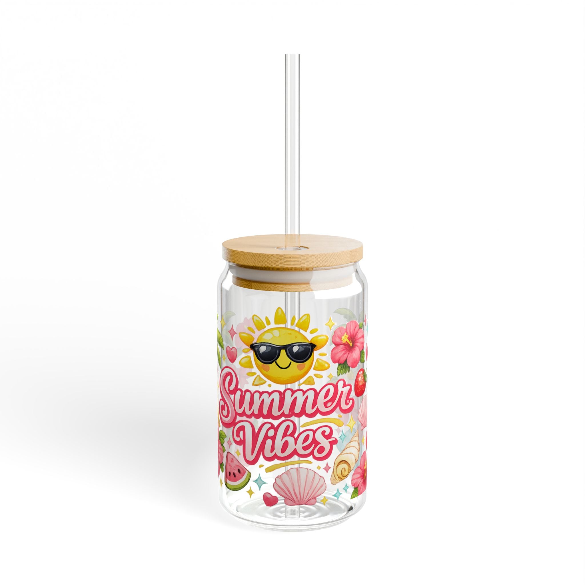 Summer Vibes Glass Tumbler with Bamboo Lid & Glass Straw | Cute Tropical Iced Coffee Cup | Beach Lover Gift