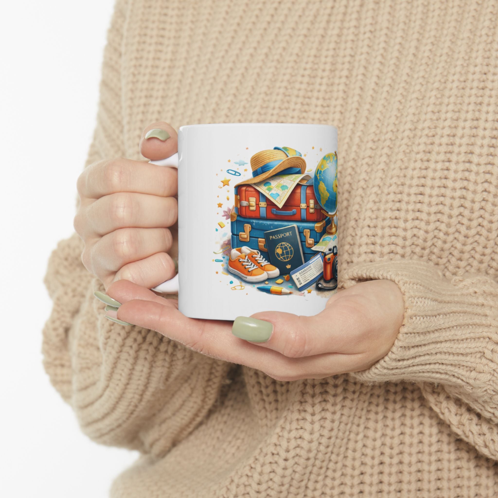Travel Adventure Mug — Vintage Globe, Camera & Suitcase Ceramic Coffee Cup