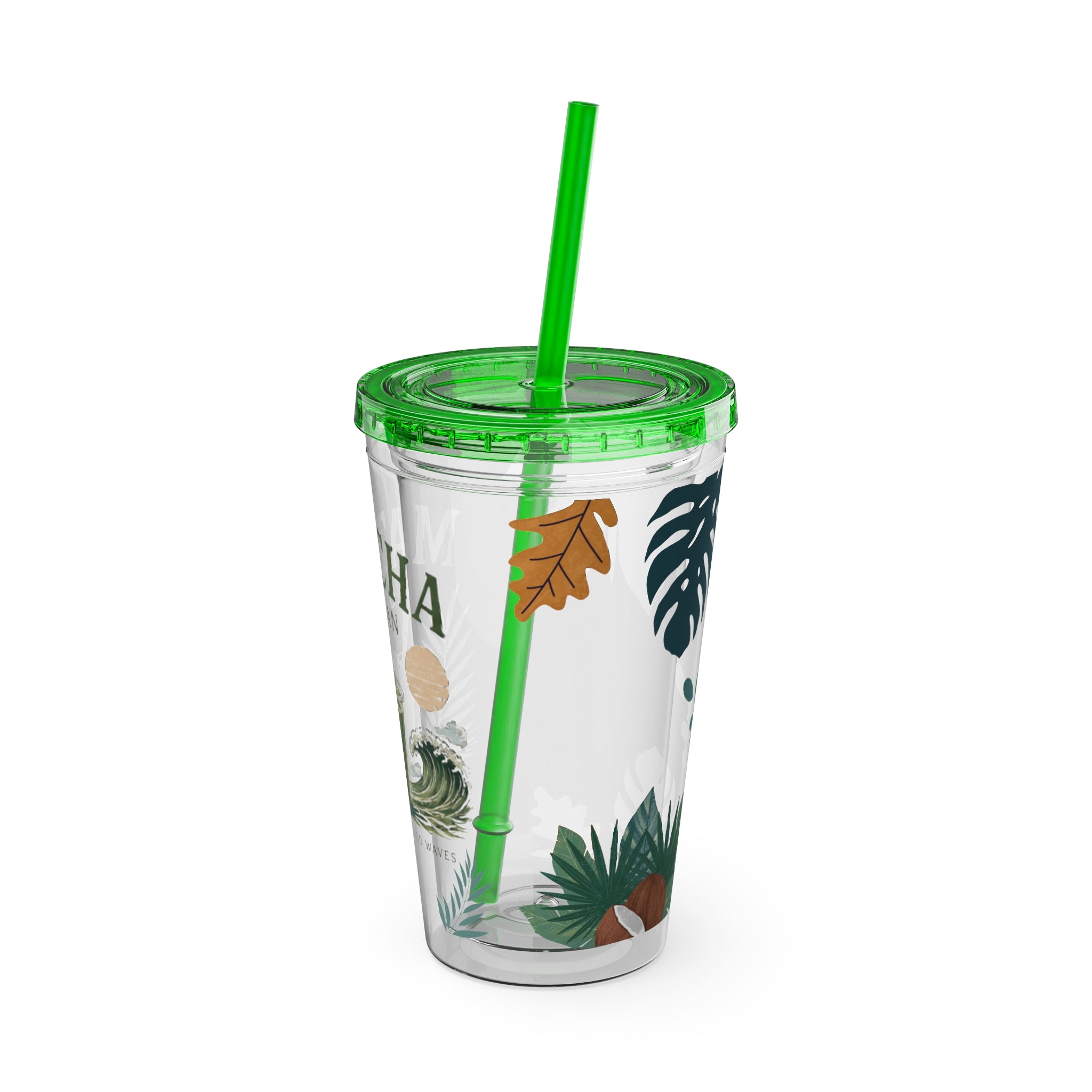 Matcha & Ocean 16oz Tumbler with Straw — Tropical Leaf Sunsplash Design