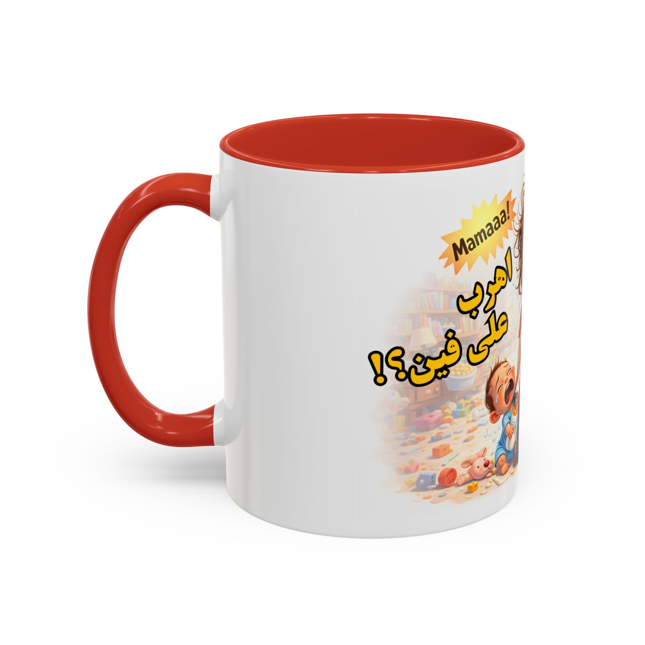 Coffee Mug – Funny Tired Mom Cartoon with Arabic “Mamaaa!” Designاهرب على فين