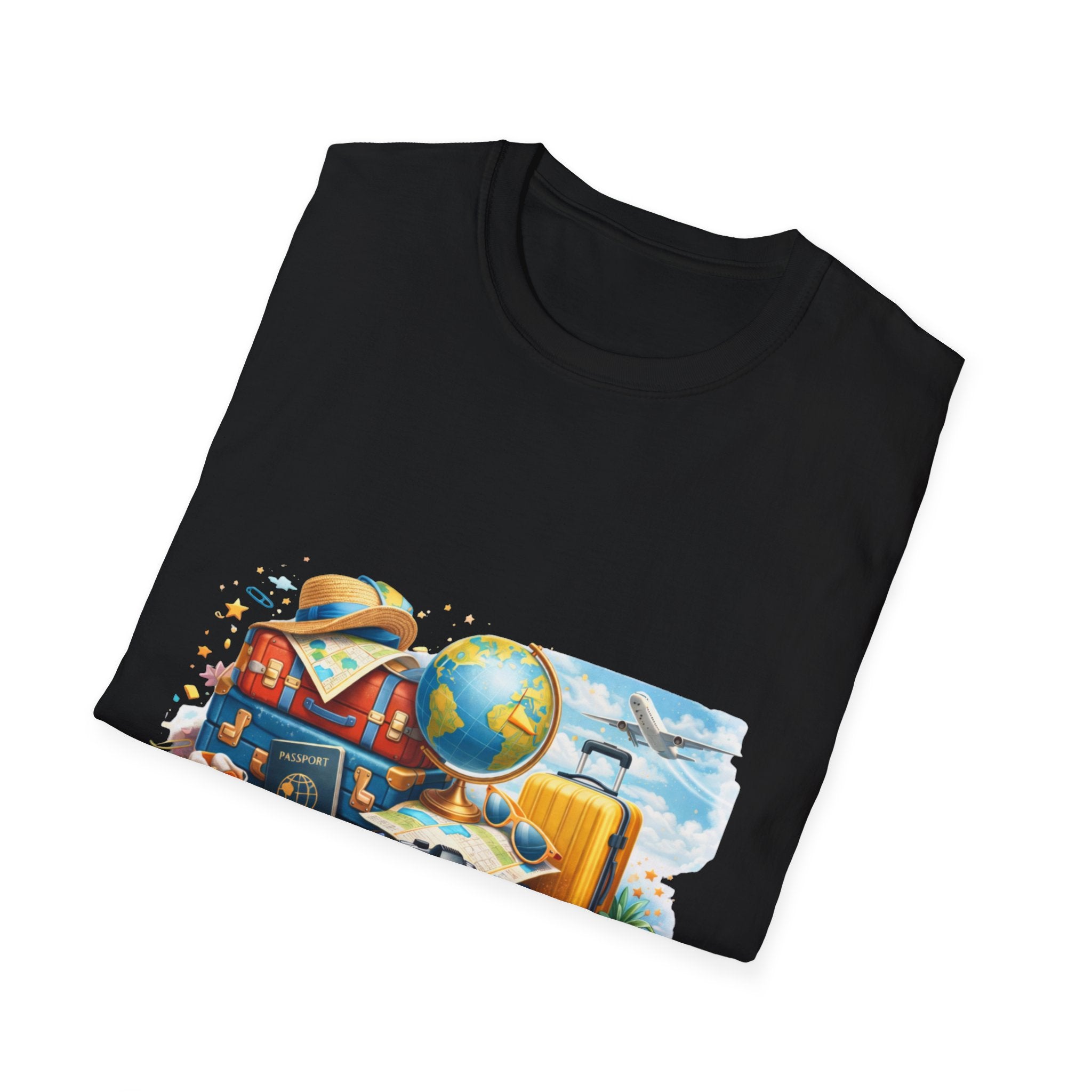 Travel Vibes T-Shirt — Retro Luggage, Globe & Camera Design