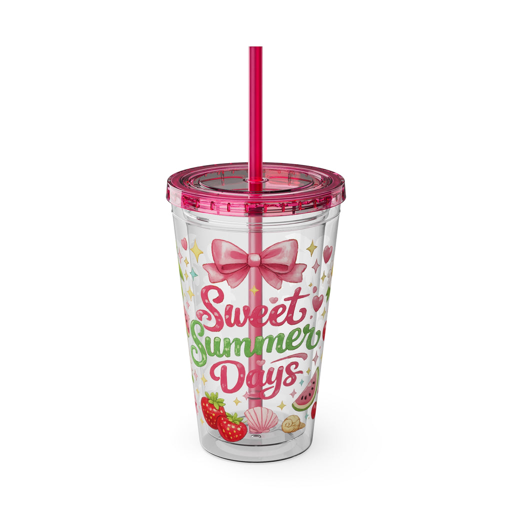 Sweet Summer Days Tumbler — 16oz Clear Straw Cup with Tropical Fruits & Bow Design
