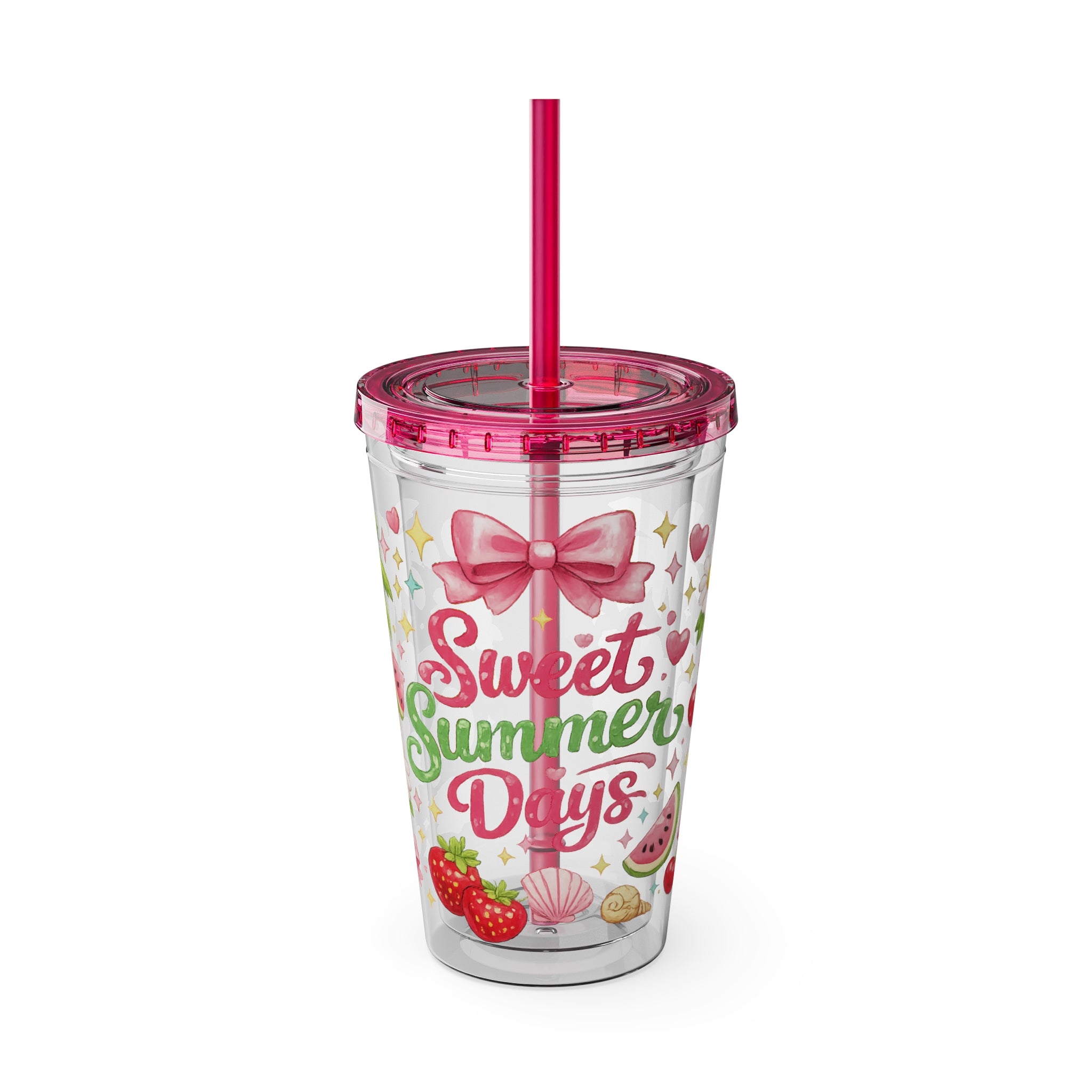 Sweet Summer Days Tumbler — 16oz Clear Straw Cup with Tropical Fruits & Bow Design