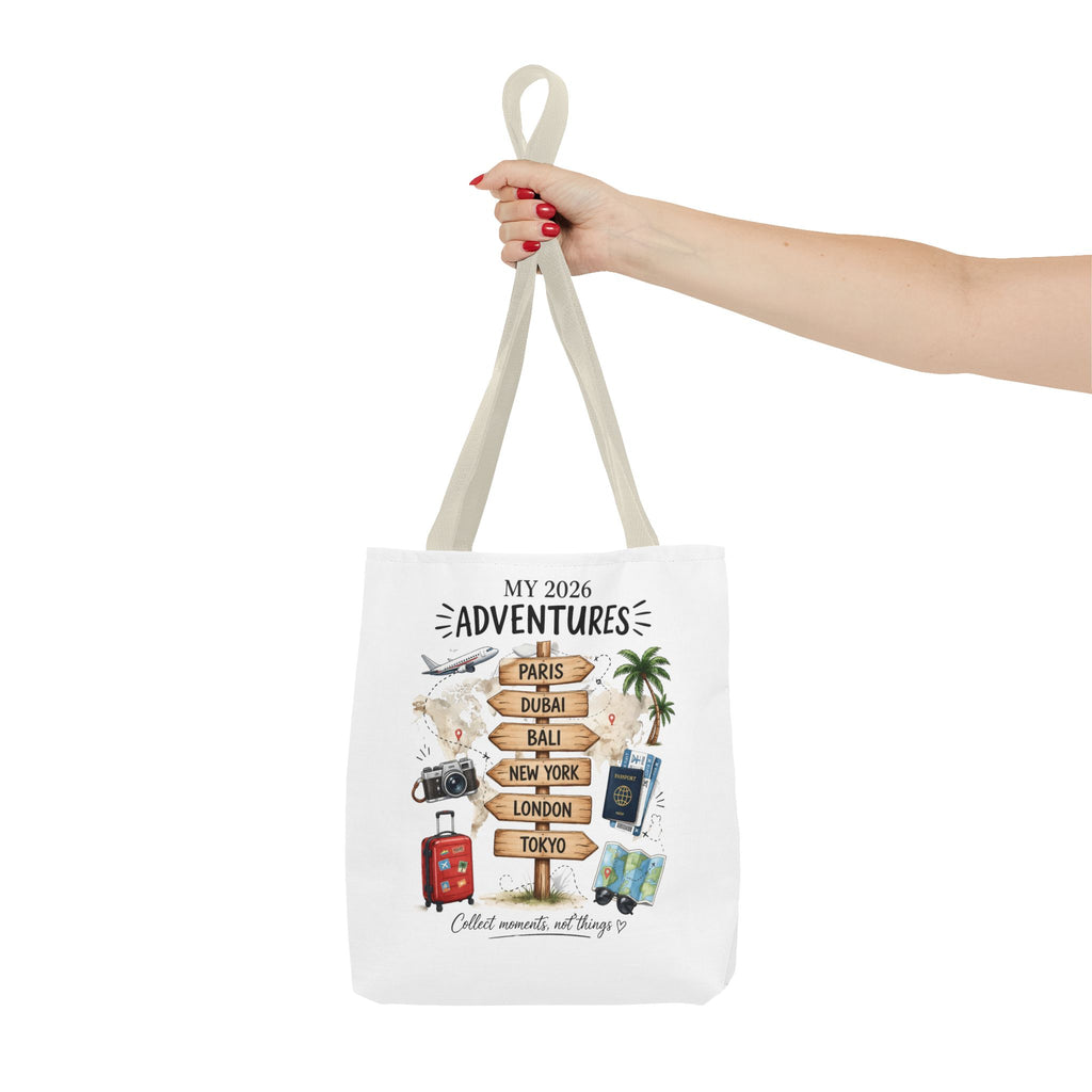 2026 Travel Adventures Tote Bag — 'My 2026 Adventures' World Cities Signpost Design