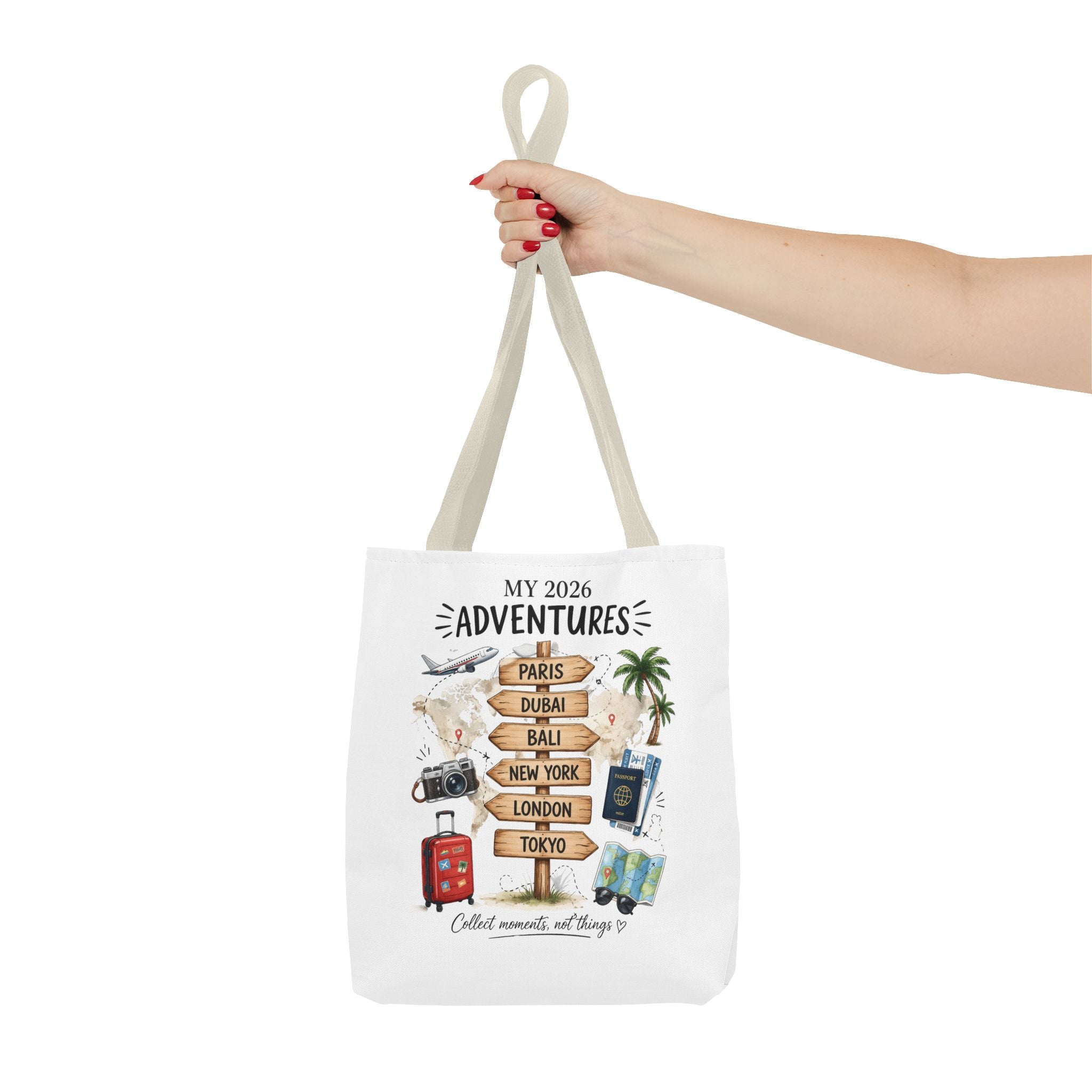 2026 Travel Adventures Tote Bag — 'My 2026 Adventures' World Cities Signpost Design