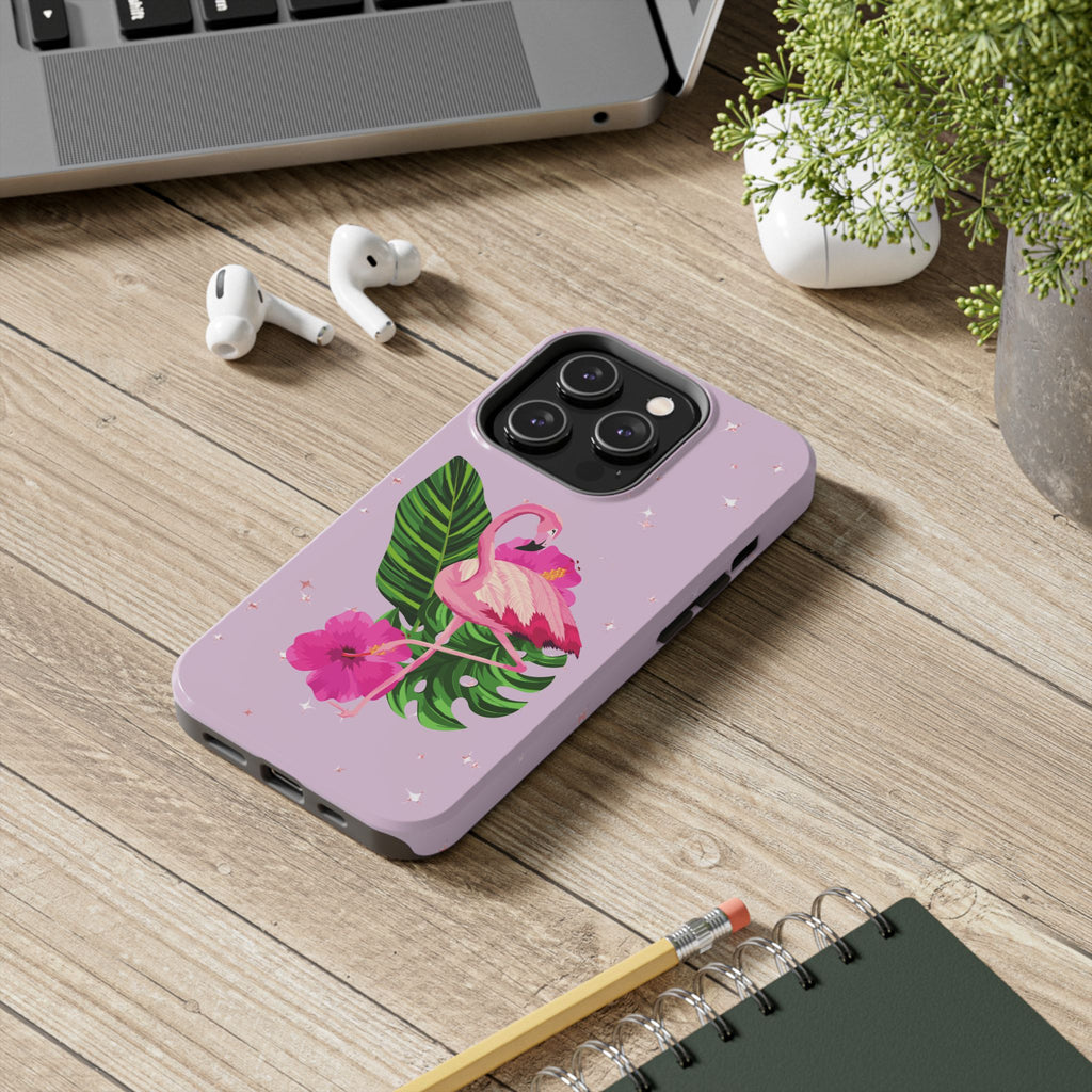 Flamingo Tropical Tough Phone Case — Pink Hibiscus & Palm Leaves