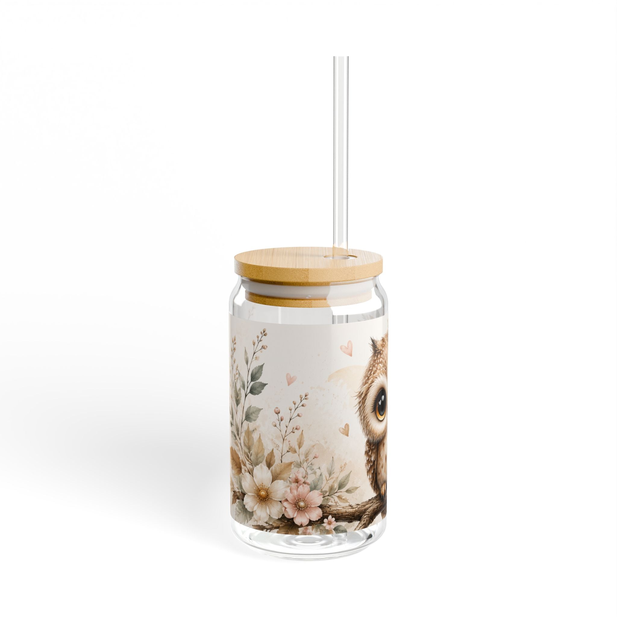 Cute Floral Owl Sipper Glass - 16oz Cute Baby Owl Drinking Jar with Straw