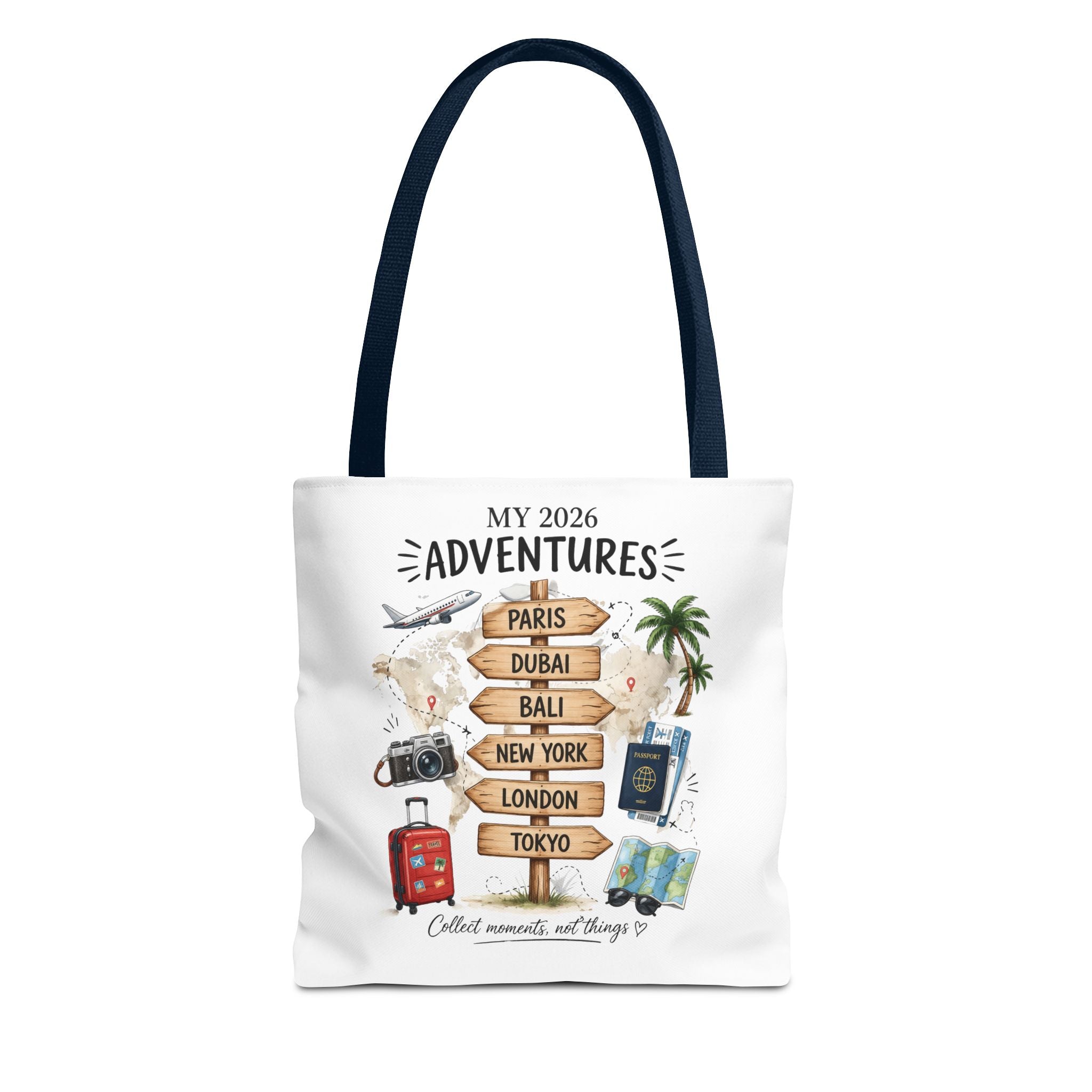 2026 Travel Adventures Tote Bag — 'My 2026 Adventures' World Cities Signpost Design