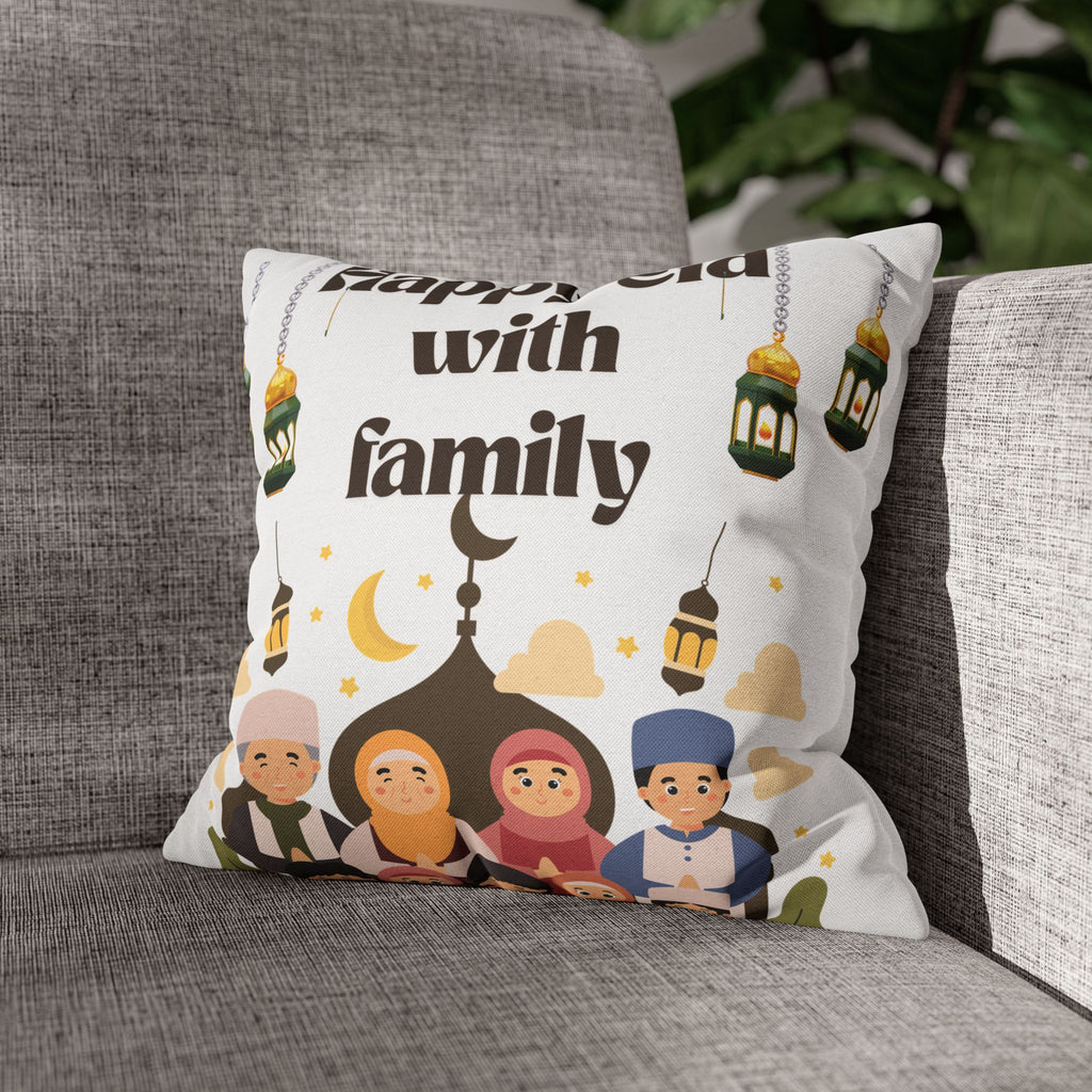 Eid Family Decorative Pillow — "Happy Eid with Family" Spun Polyester Cushion