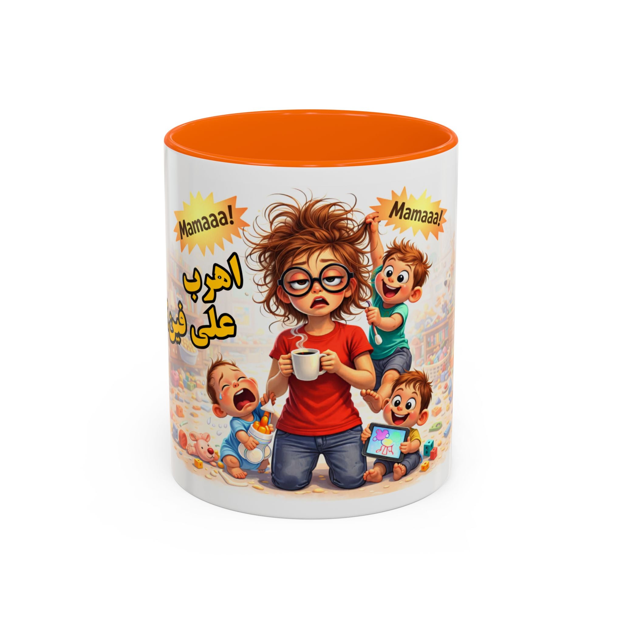 Coffee Mug – Funny Tired Mom Cartoon with Arabic “Mamaaa!” Designاهرب على فين