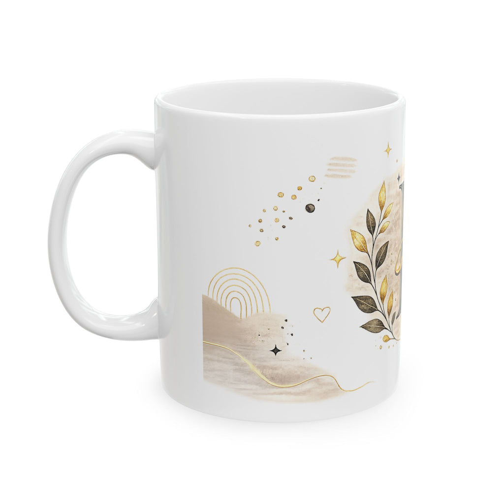 Monogram H Initial Ceramic Mug — Elegant Gold Botanical Letter Coffee Cup