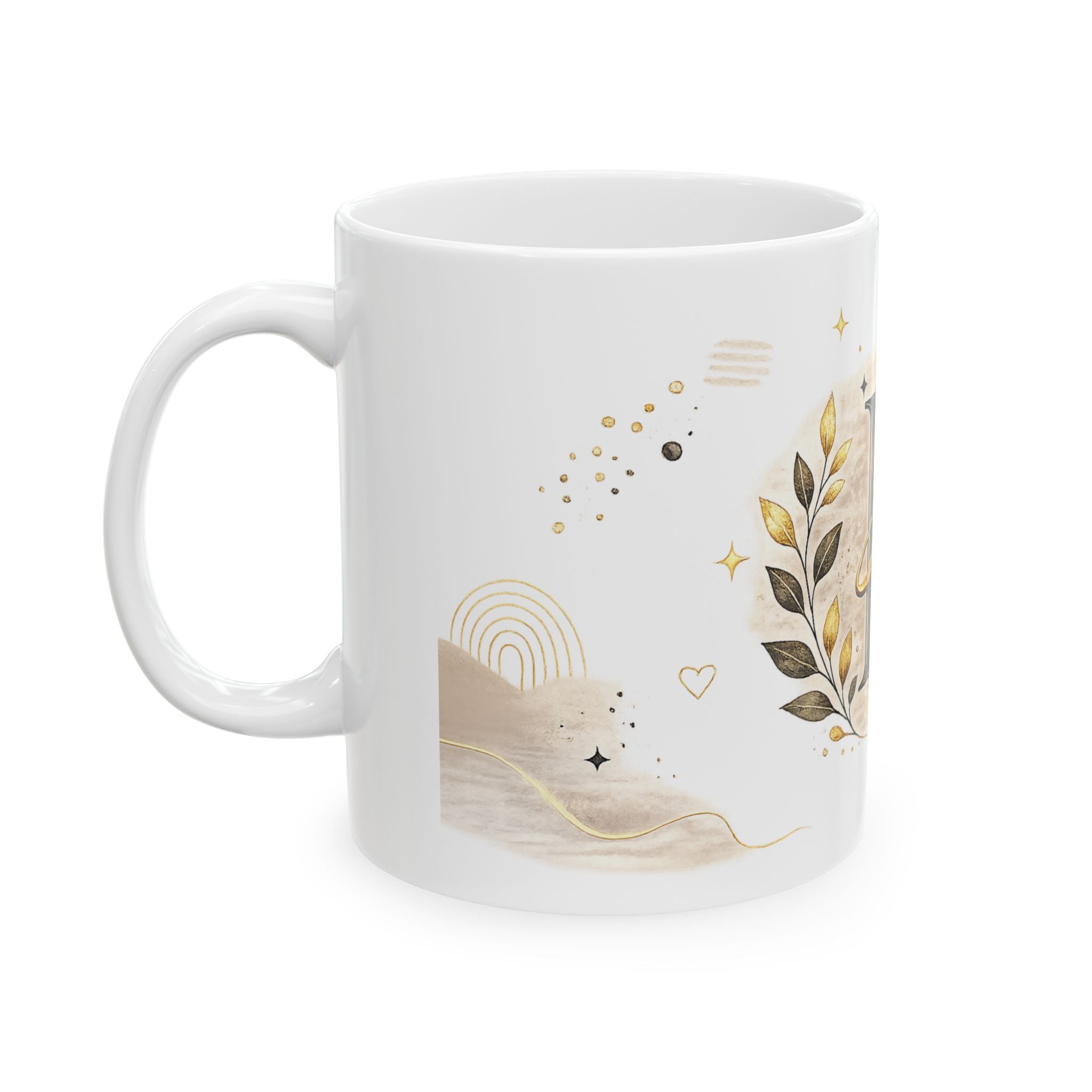 Monogram H Initial Ceramic Mug — Elegant Gold Botanical Letter Coffee Cup