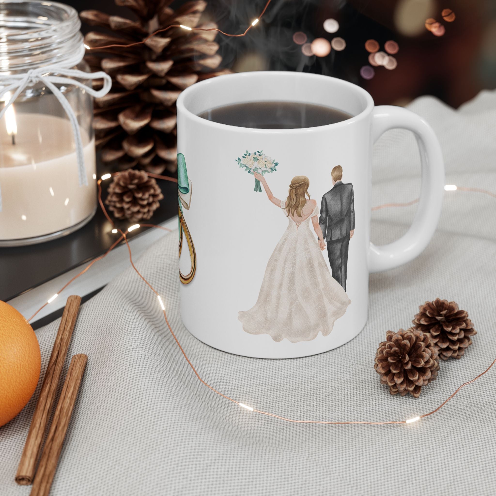 Wedding Rings & Couple Ceramic Mug — Bride and Groom Illustration (11oz/15oz)