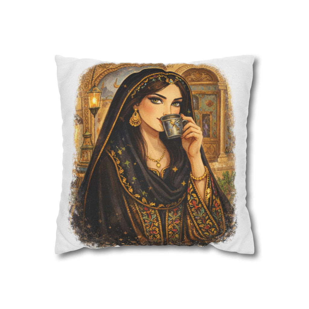 Middle Eastern Portrait Decorative Pillowcase — Woman Drinking Tea Art Throw Pillow Cover