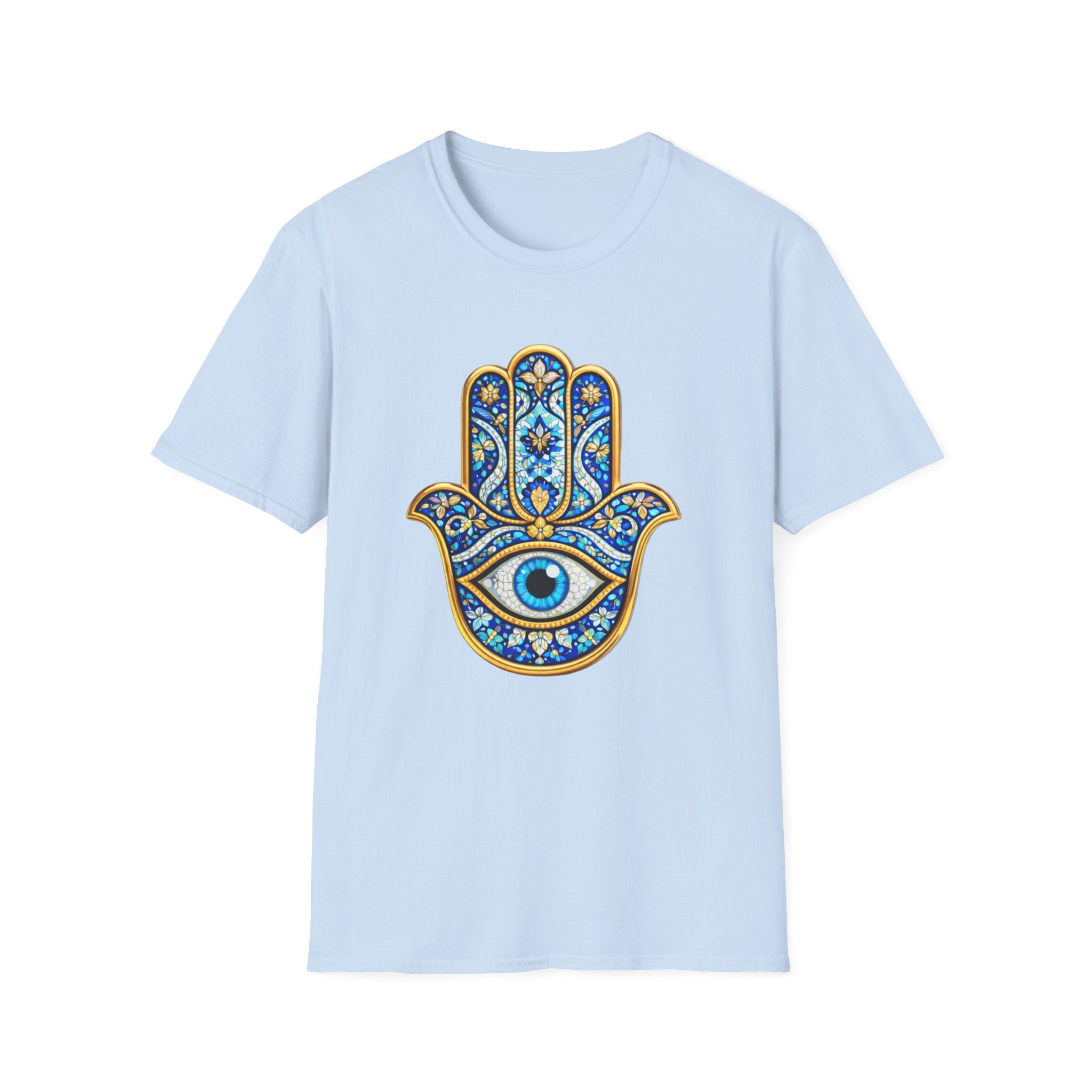 Hamsa Hand T-Shirt with Evil Eye – Blue Mosaic Protection Tee