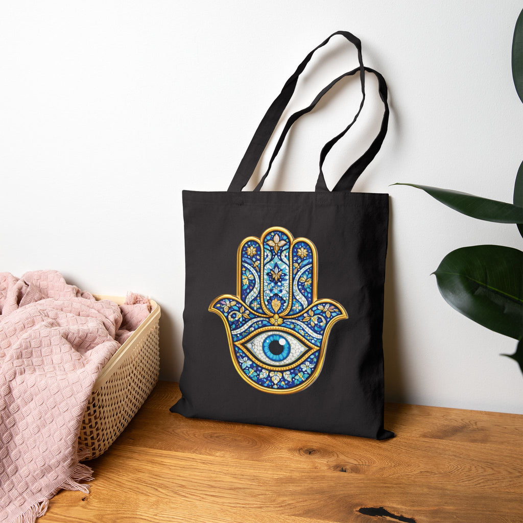 Hamsa Hand Tote Bag — Boho Evil Eye Cotton Canvas Shopper