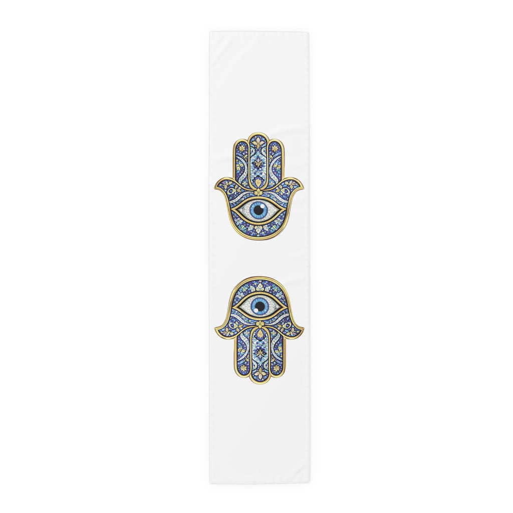 Hamsa Eye Table Runner — Blue Protective Hand Print Cotton-Poly Dining Decor