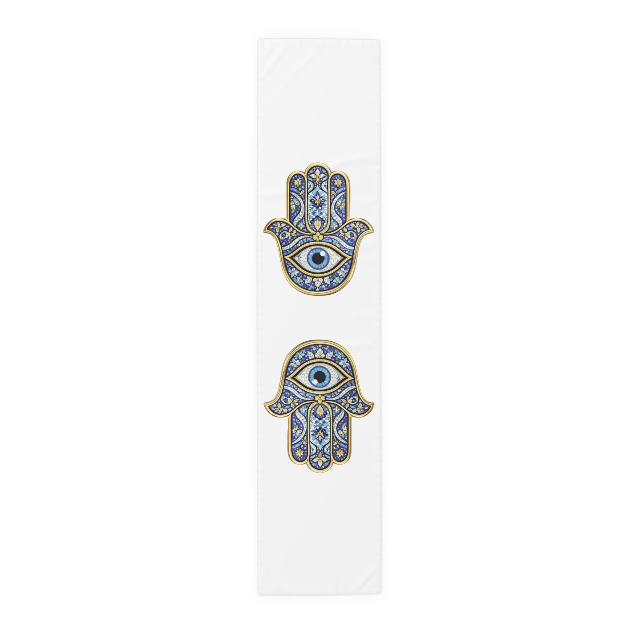Hamsa Eye Table Runner — Blue Protective Hand Print Cotton-Poly Dining Decor