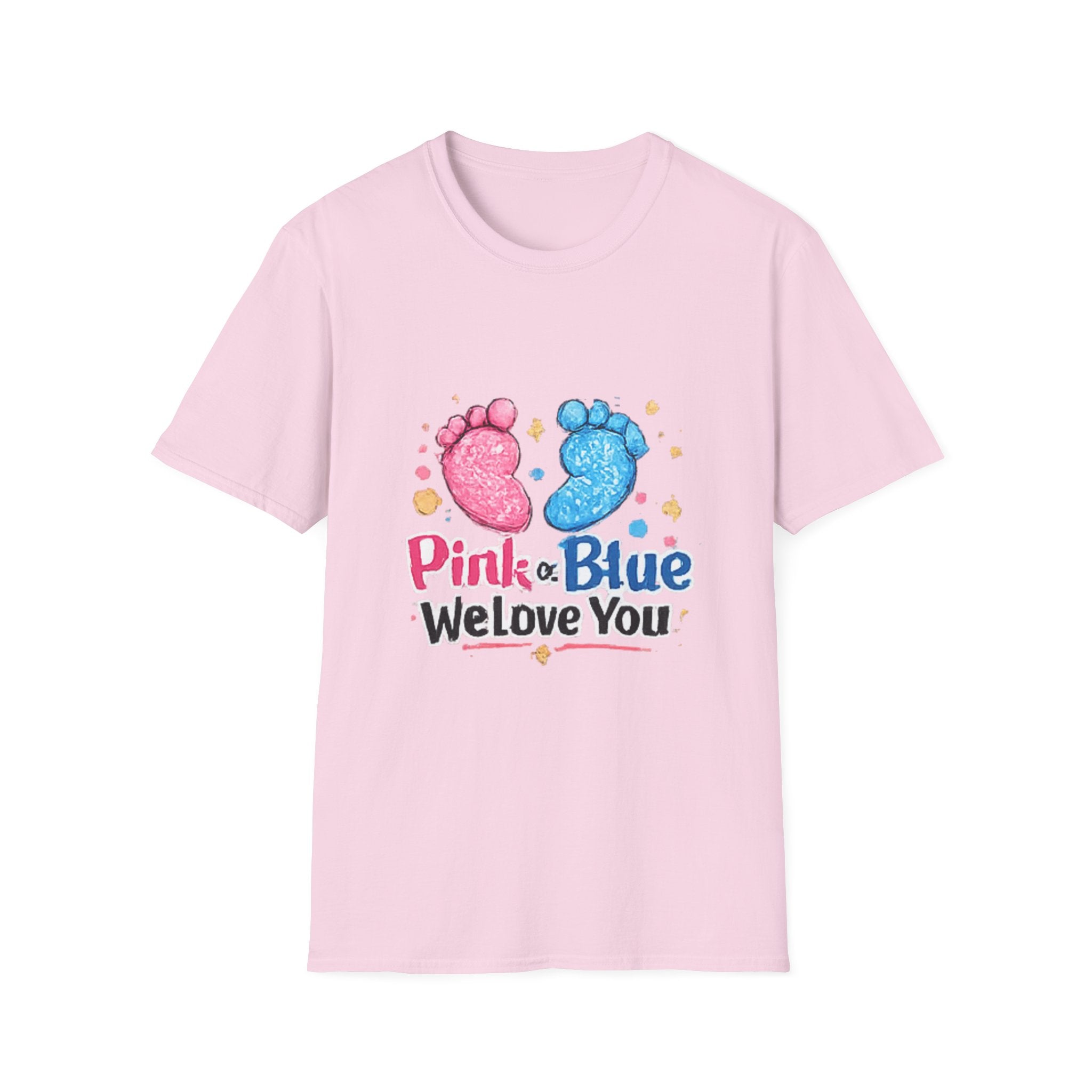 Gender Reveal Baby Footprint T-Shirt — "Pink & Blue We Love You"