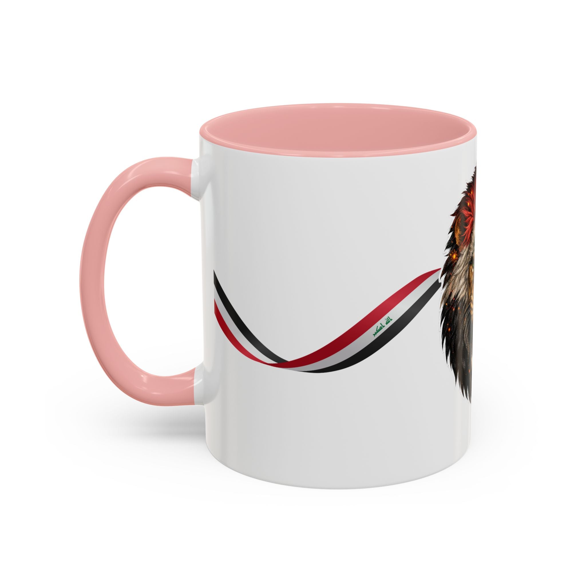 Iraq Lion Head Accent Coffee Mug with Arabic Script and Flag Ribbon – Patriotic Iraq Gift (11/15oz)
