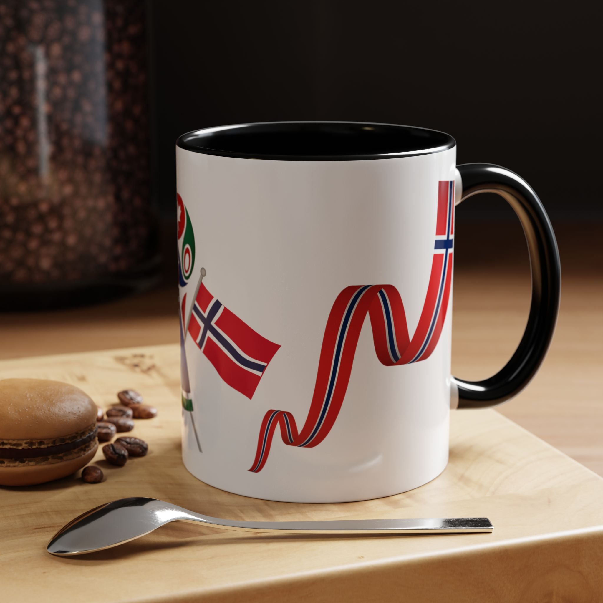 Norway Pride Coffee Mug — Norwegian Flag Ribbon & Cup Emblem Accent Mug