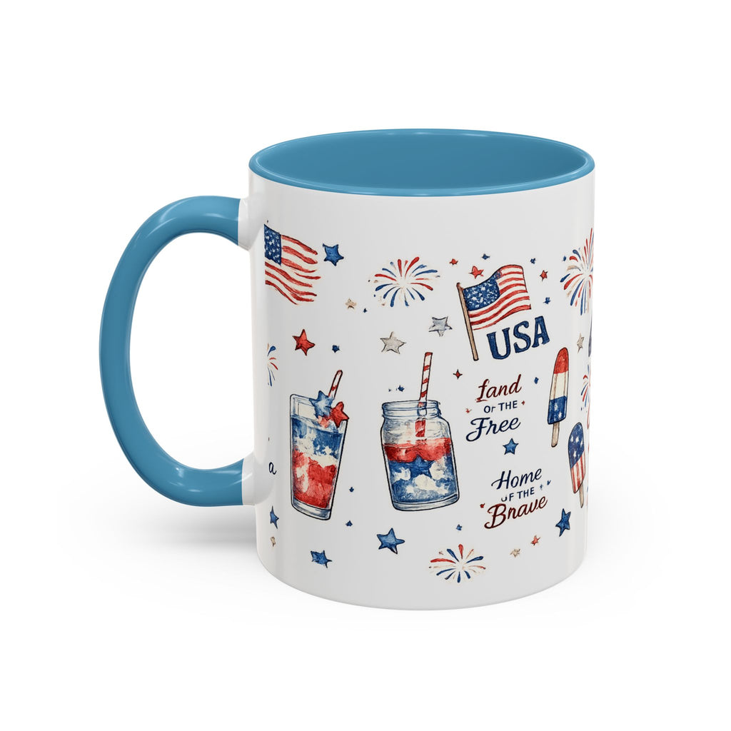 4th of July Accent Coffee Mug — Patriotic Fireworks & God Bless America Design (11oz)