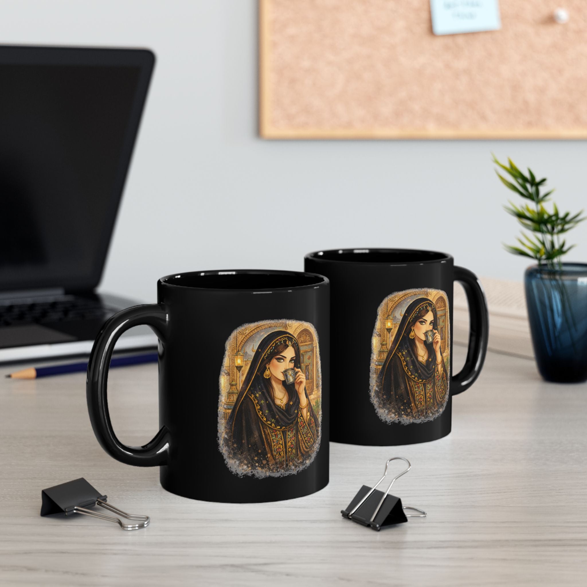 Black Ceramic Mug — Middle Eastern Tea Lady Illustration, Vintage Cultural Art Coffee Cup (11oz/15oz)