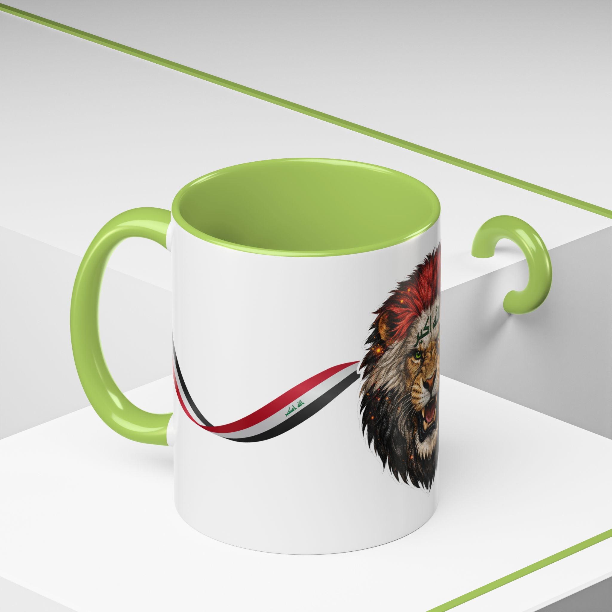 Iraq Lion Head Accent Coffee Mug with Arabic Script and Flag Ribbon – Patriotic Iraq Gift (11/15oz)