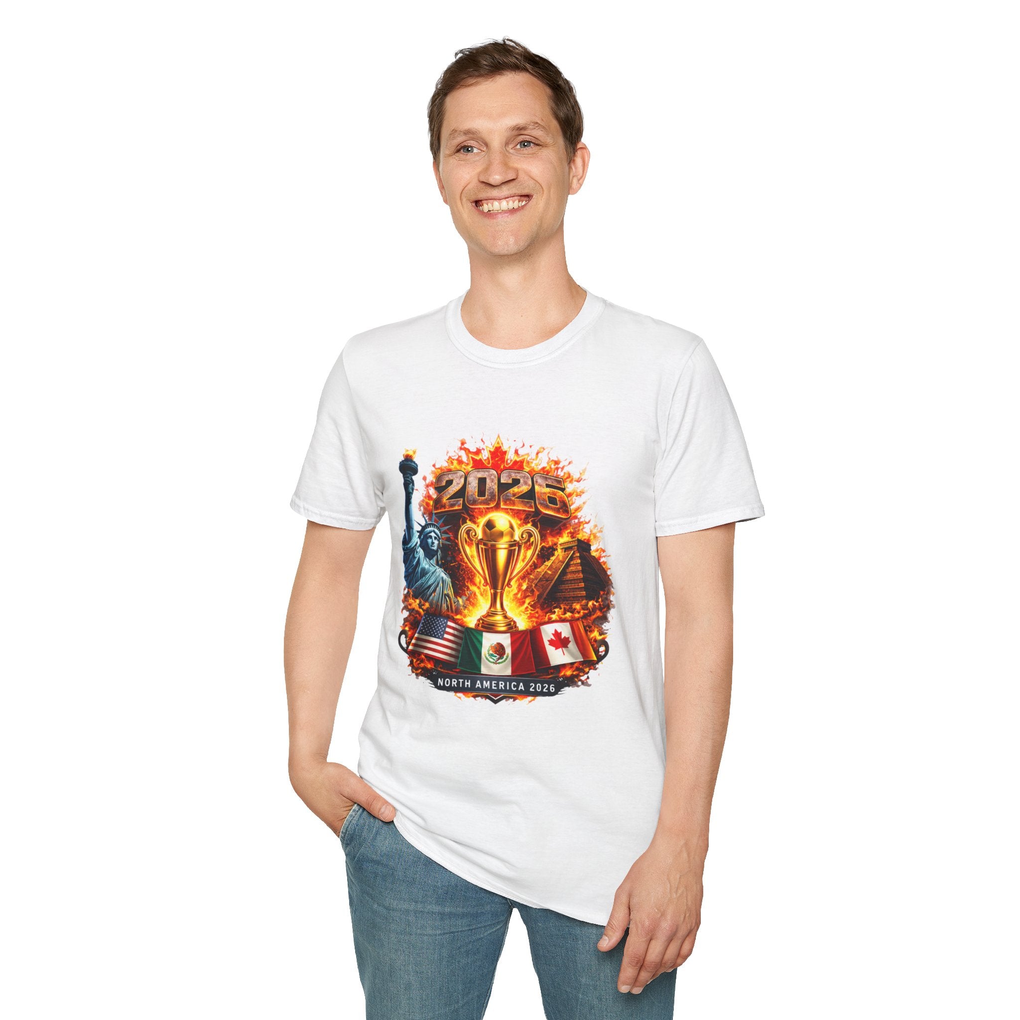 2026 North America Soccer Cup T-Shirt — Trophy, Statue of Liberty & Flags Graphic