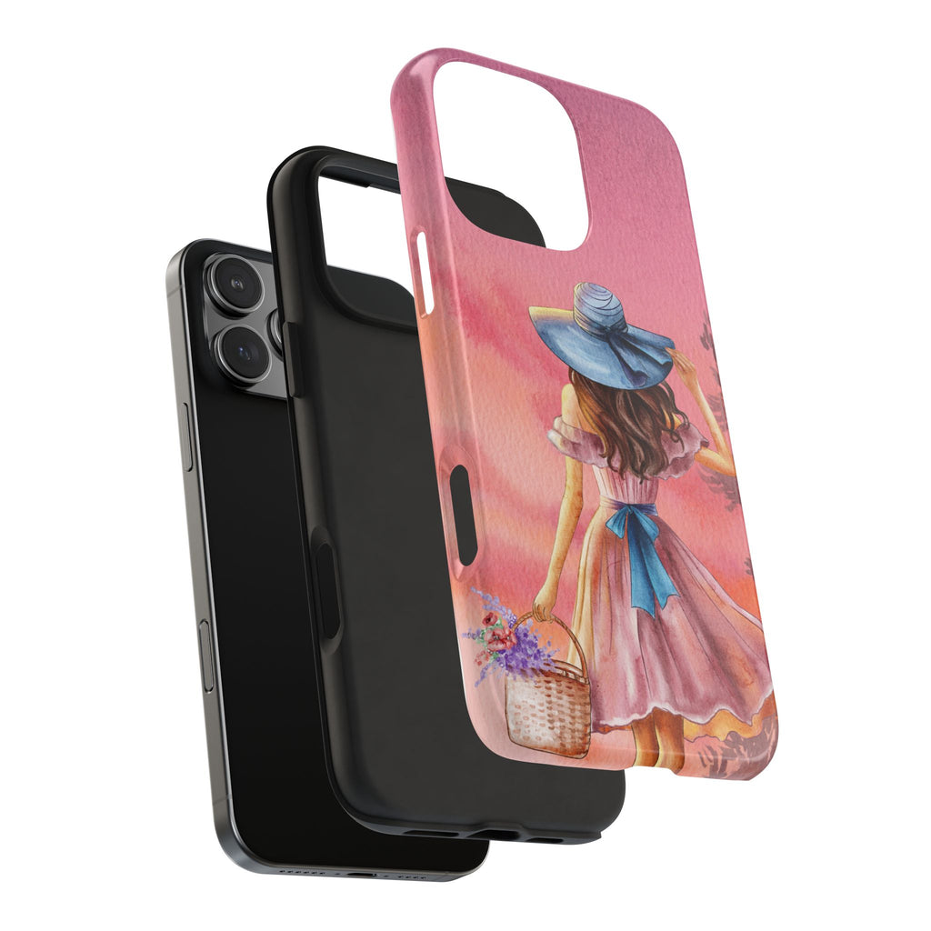 Pastel Picnic Girl Phone Case — Protective Tough Phone Case with Watercolor Sunset Design
