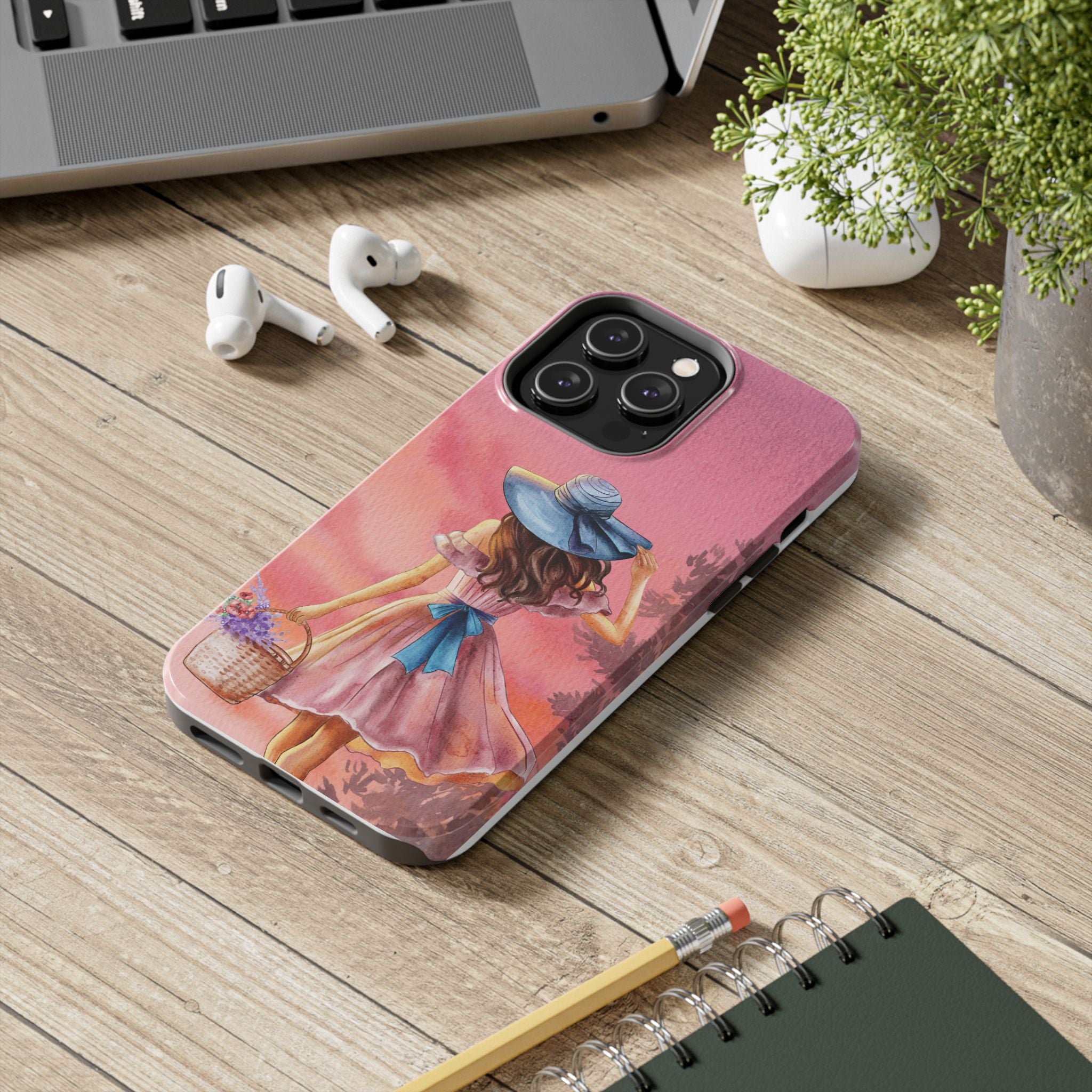 Pastel Picnic Girl Phone Case — Protective Tough Phone Case with Watercolor Sunset Design