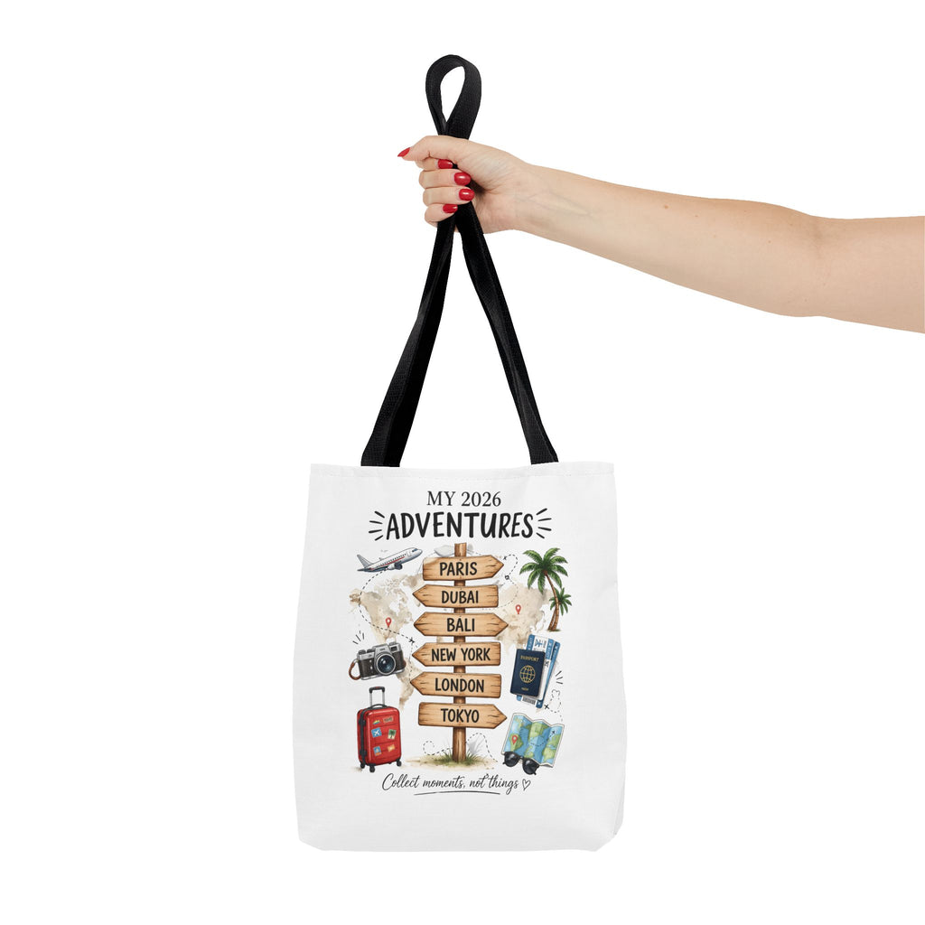 2026 Travel Adventures Tote Bag — 'My 2026 Adventures' World Cities Signpost Design