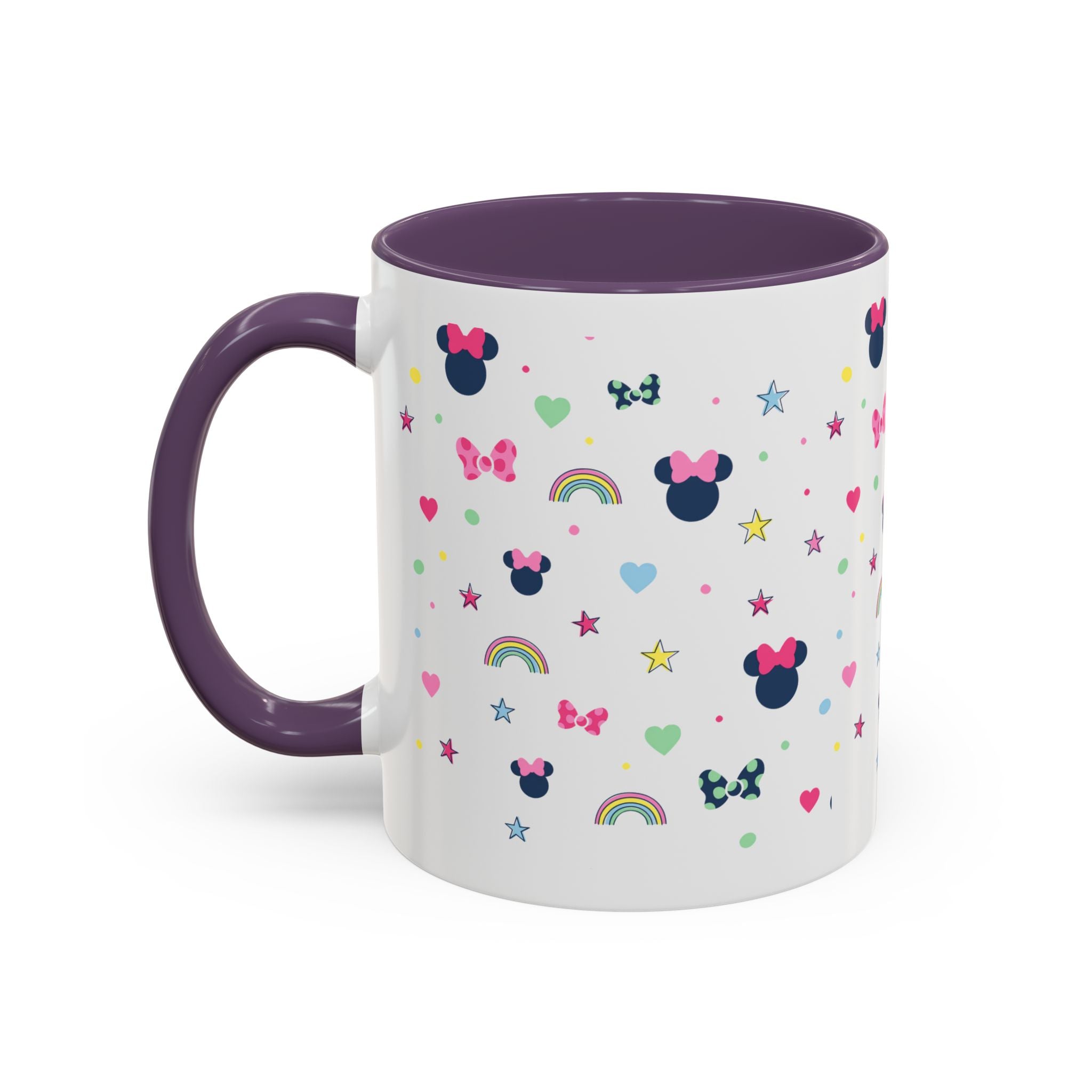 Minnie Dots Accent Coffee Mug — Cute Rainbow & Bow Pattern (11oz)