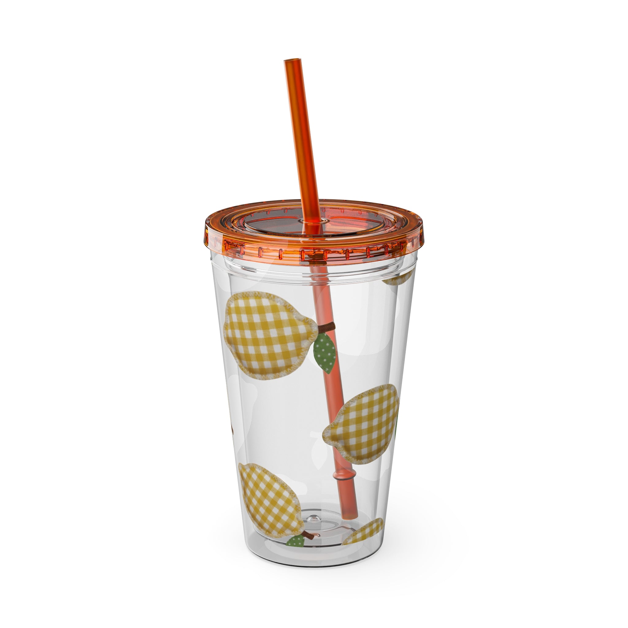 Gingham Pear Sunsplash Tumbler, 16oz Clear Travel Cup with Straw