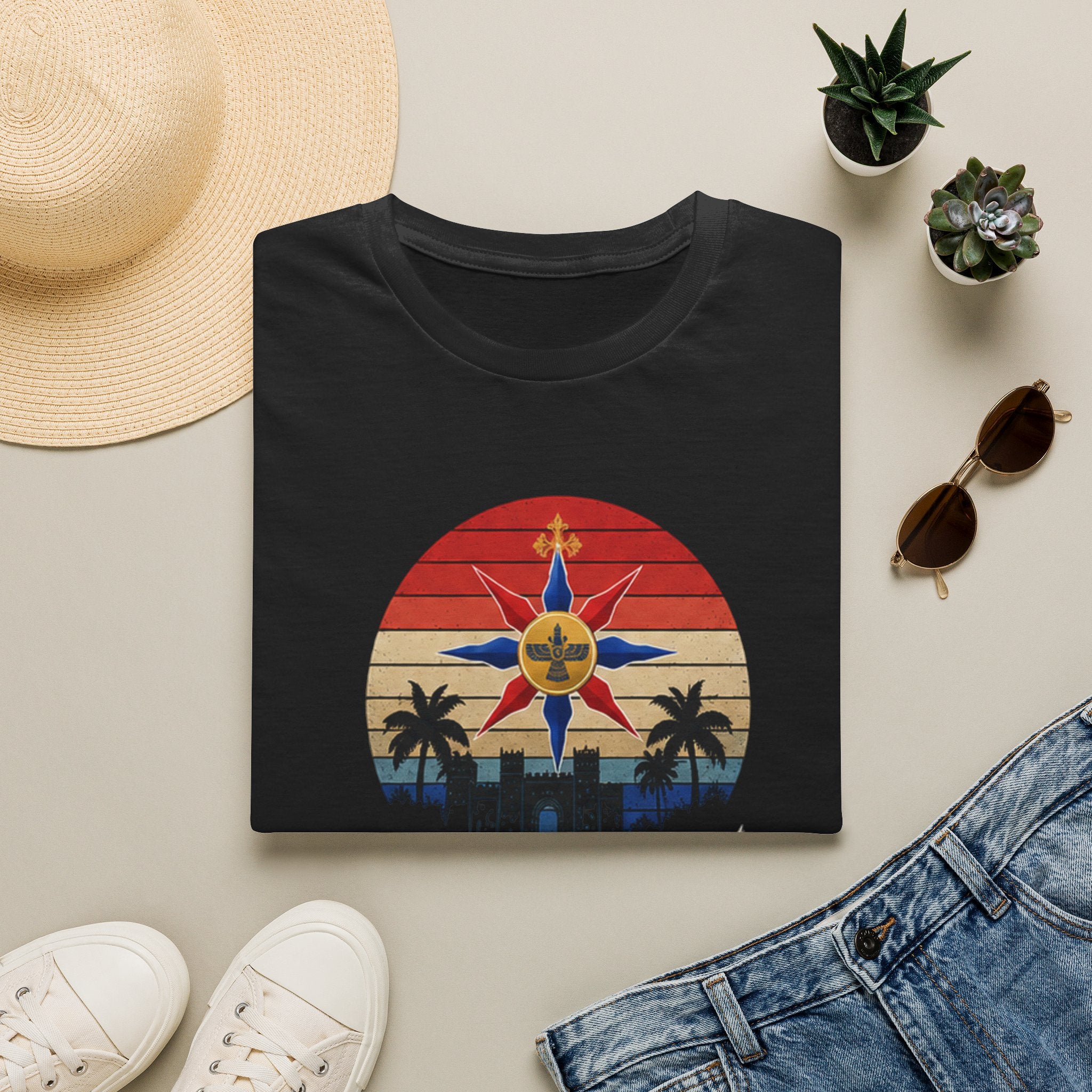 Chaldean Vibes Retro Sun T-Shirt – Assyrian Star & Palm Beach Tee