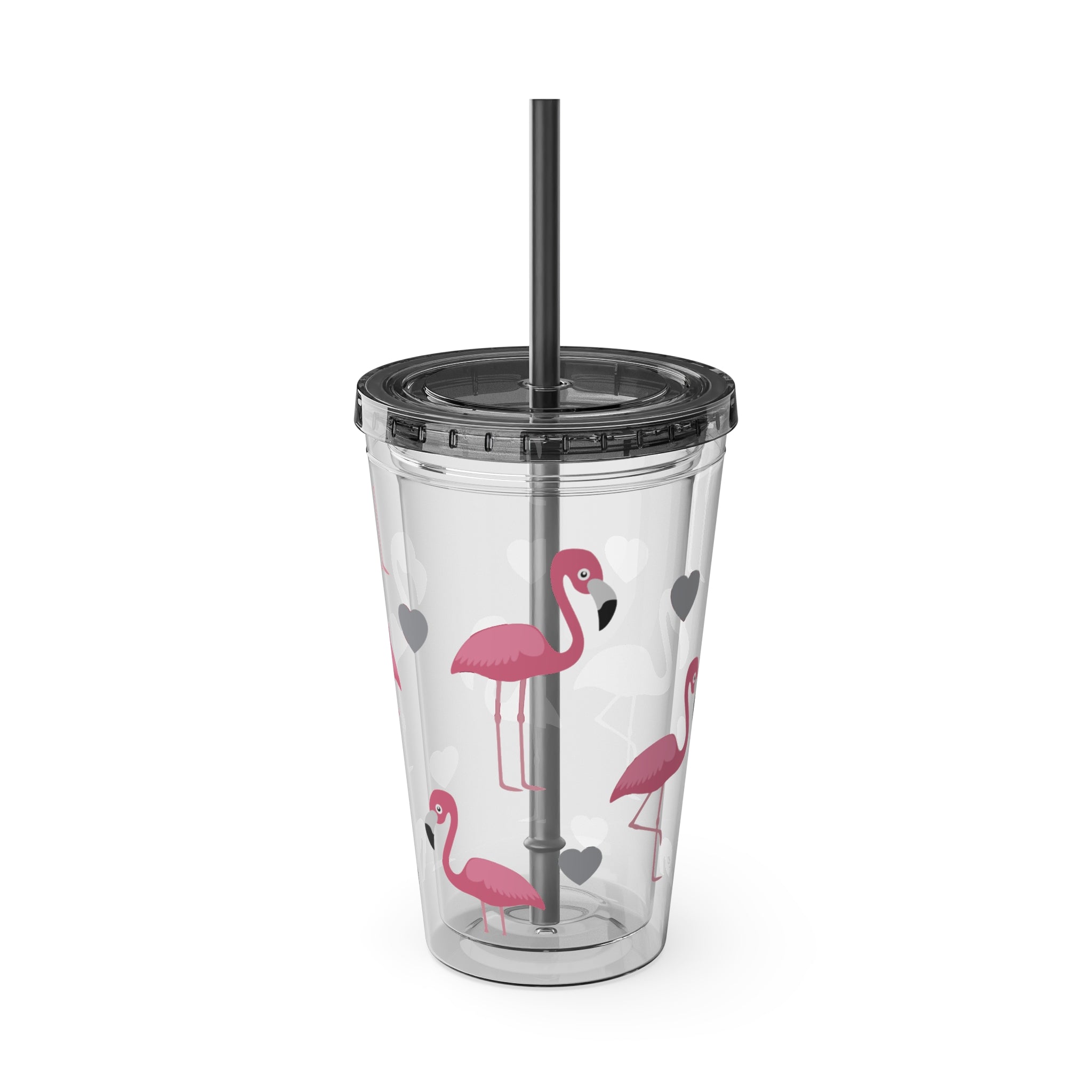 Flamingo Heart 16oz Tumbler with Straw — Cute Pink Flamingo Drink Cup