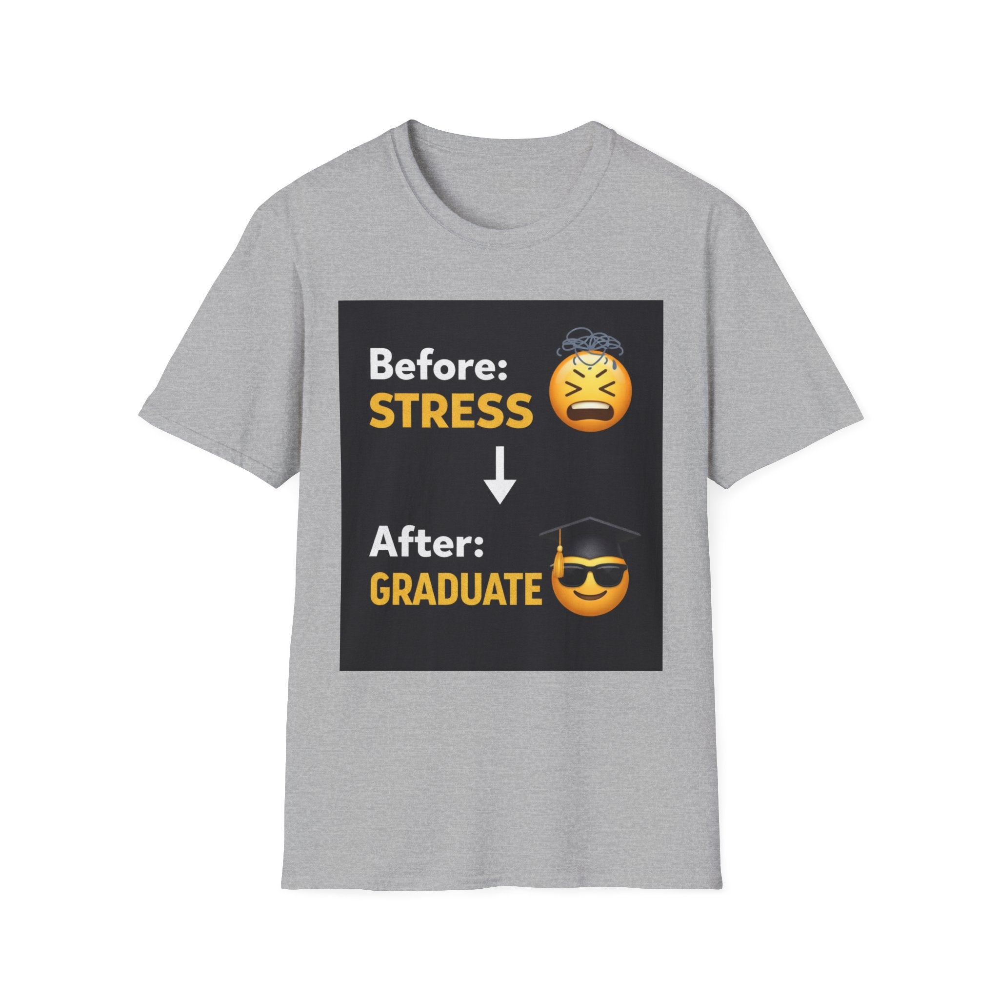 Graduation Emoji T-Shirt - "Before: STRESS → After: GRADUATE" Funny Grad Shirt